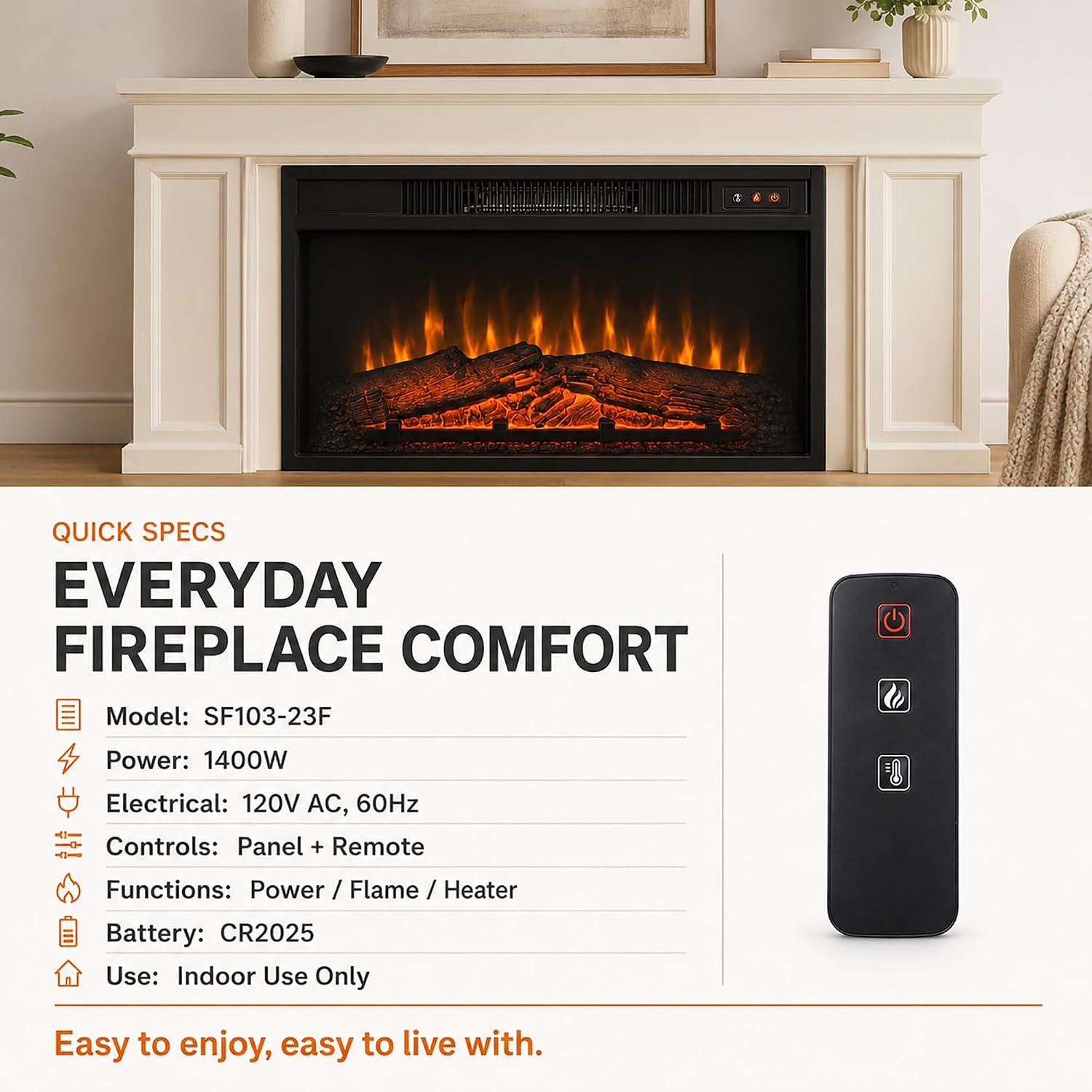 MEGAWISE 23-Inch Electric Fireplace Insert, 1400W Heater with Remote