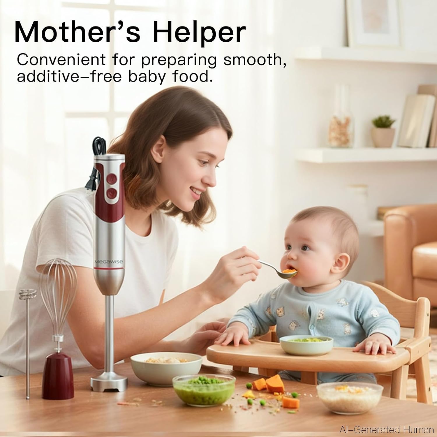 MEGAWISE Immersion Hand Blender 3-in-1, 12-Speed Stick Blender with Turbo, Egg Whisk & Milk Frother for Soups, Sauces, Smoothies and Baby Food, Red