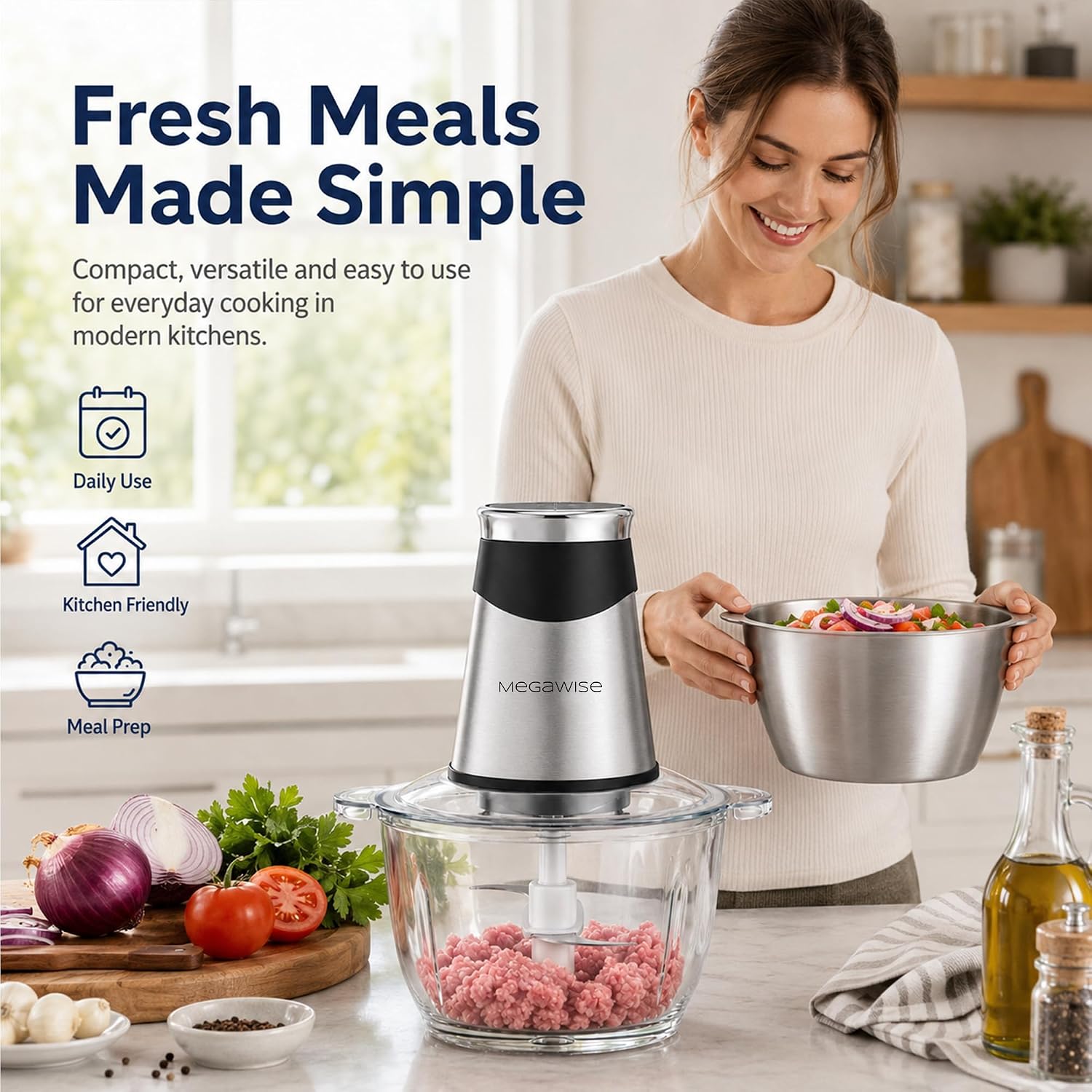 MEGAWISE Electric Food Chopper, 2 Bowls 4‑Layer Blade for Kitchen Vegetable
