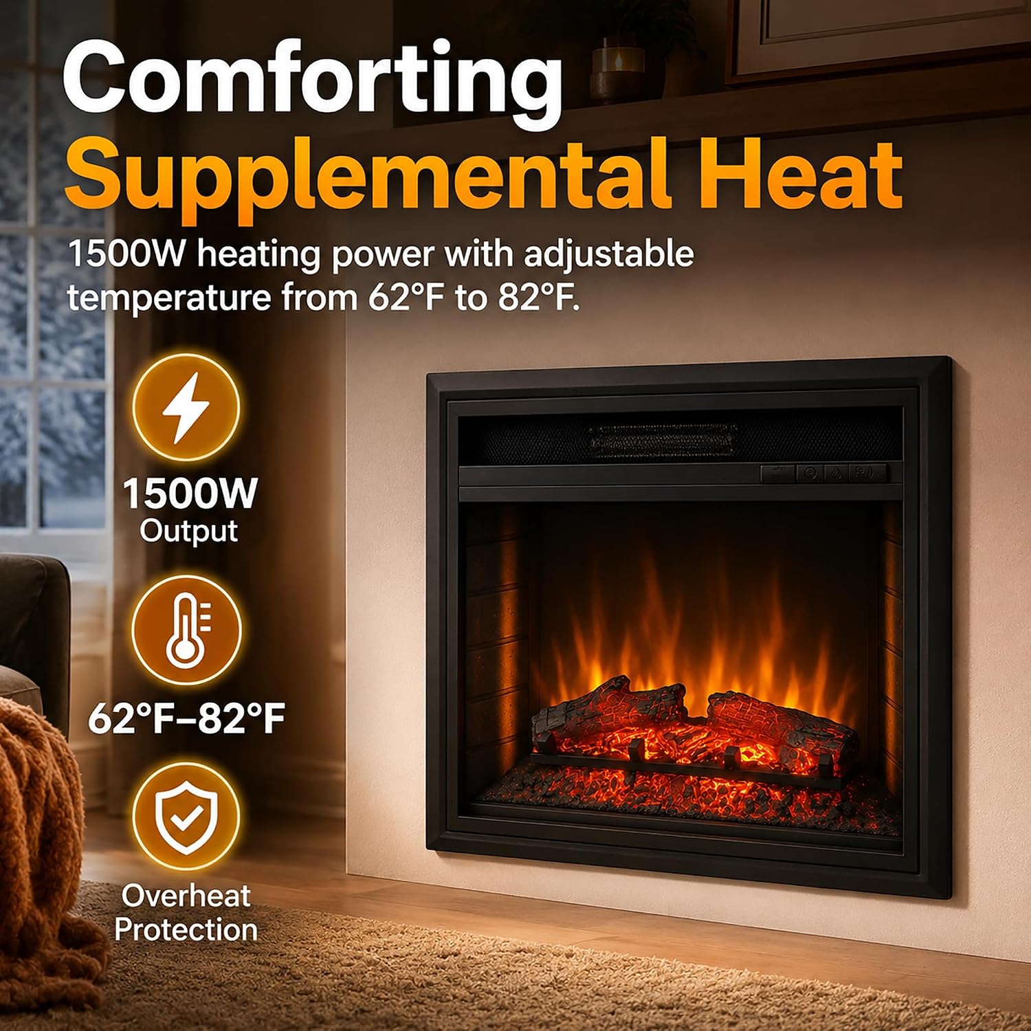 MEGAWISE 23-Inch Electric Fireplace Insert, Remote Control, 1500W Heat