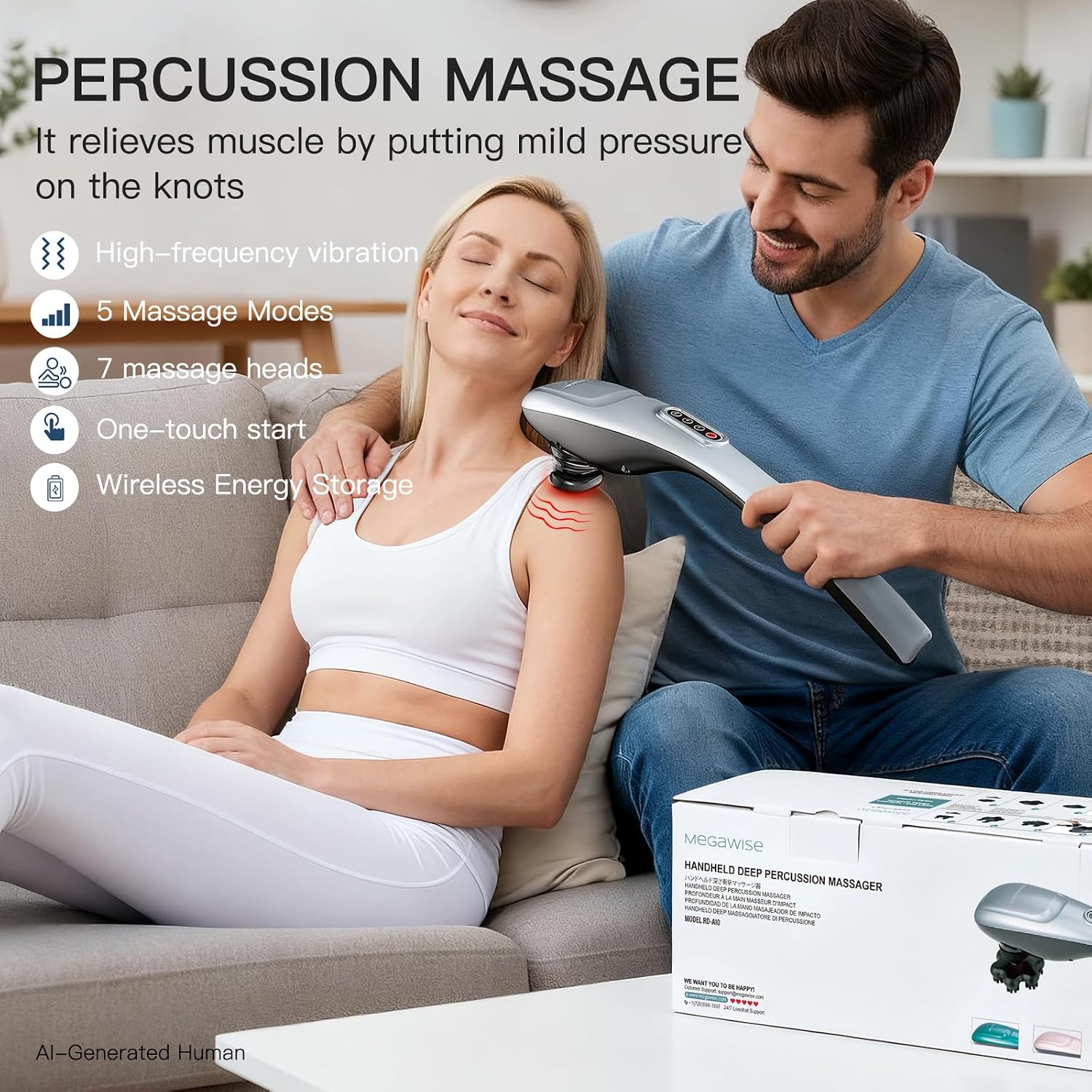 MEGAWISE Cordless Back Massager for Shoulders, Waist, Legs, Rechargeable 3200mAh Battery, 5 Speed and 5 +2 Massage Nodes 5 Hard, 2 Soilicone Nodes, Massage While Moving Around