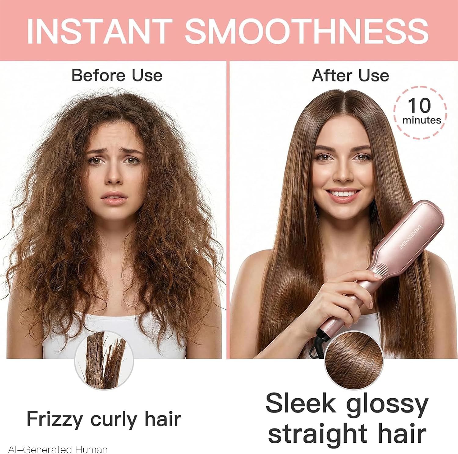 MEGAWISE Hair Straightener Brush, Ionic Ceramic Heated Hair Brush, Anti-Scald Hot Brush with Auto Shutoff, Dual Voltage, 360° Swivel Cord, for Frizzy Thick Medium Long Hair(Pink Gold)