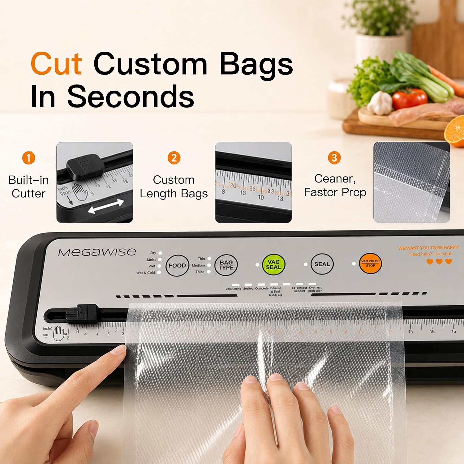 MEGAWISE 2025 Powerful Vacuum Sealer Machine | Compact Design | One-Touch Automatic | Seal in 10-20 Seconds | Dry, Moist, Wet, and Cold Modes | With 10 Vacuum Bags & Built-in Cutter