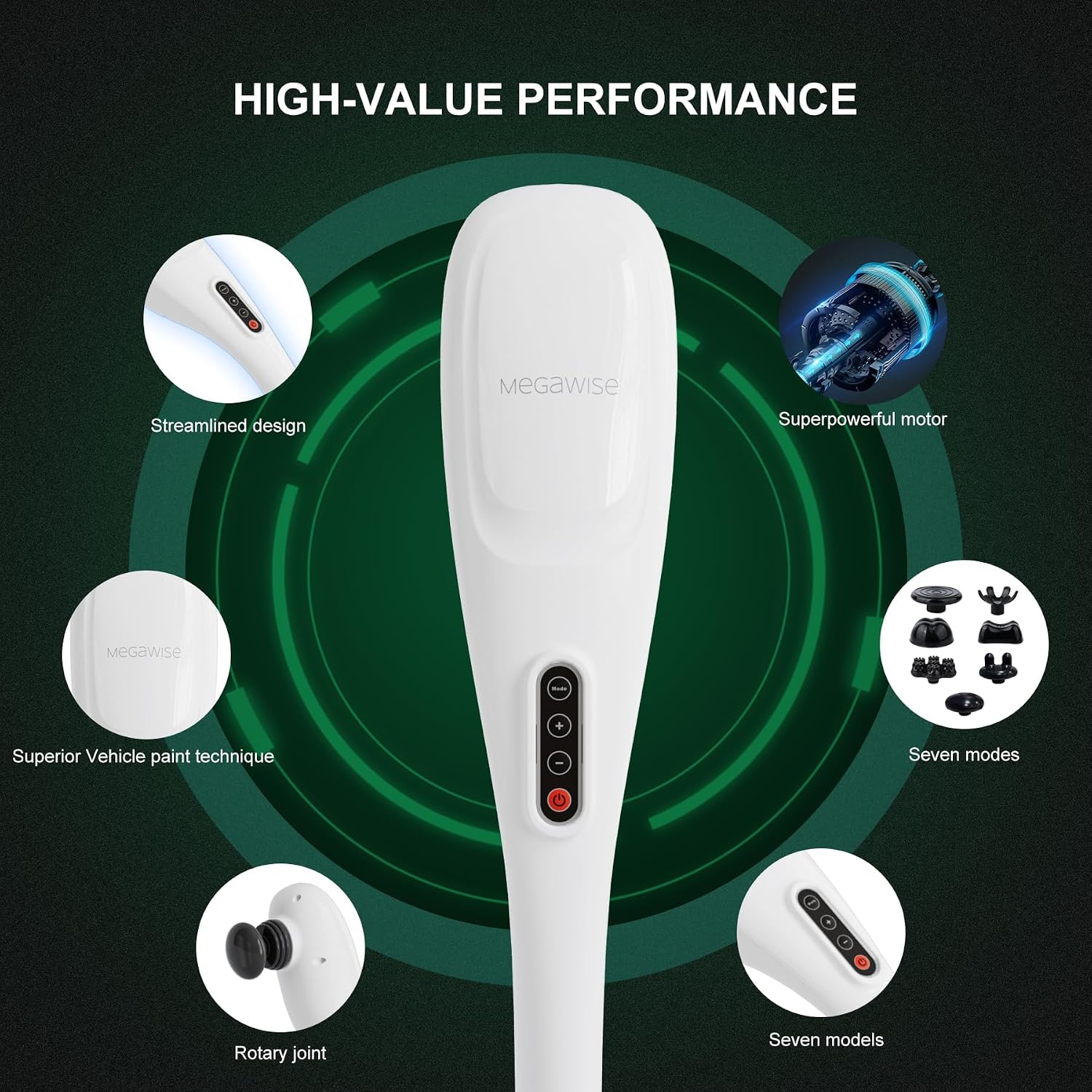MEGAWISE Handheld Deep Tissue Massager Percussion Therapy for Back, Neck, Shoulders, Legs & Full Body,5 Speed & Mode Options, Corded 6ft, Ergonomic Grip, Multi-Node Massage (Pearl White)