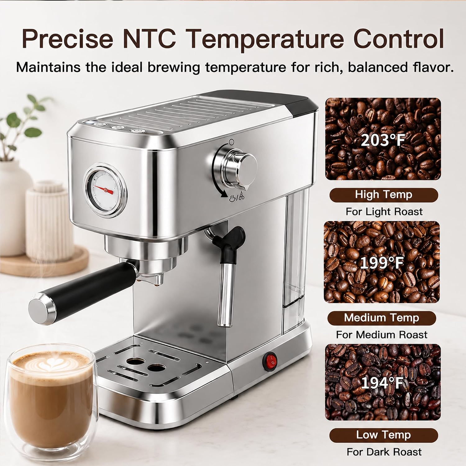 MEGAWISE Espresso Machine 20 Bar, Compact Stainless Steel Coffee Maker with Steam Milk Frother & Removable Tank for Cappuccino, Latte - Silver