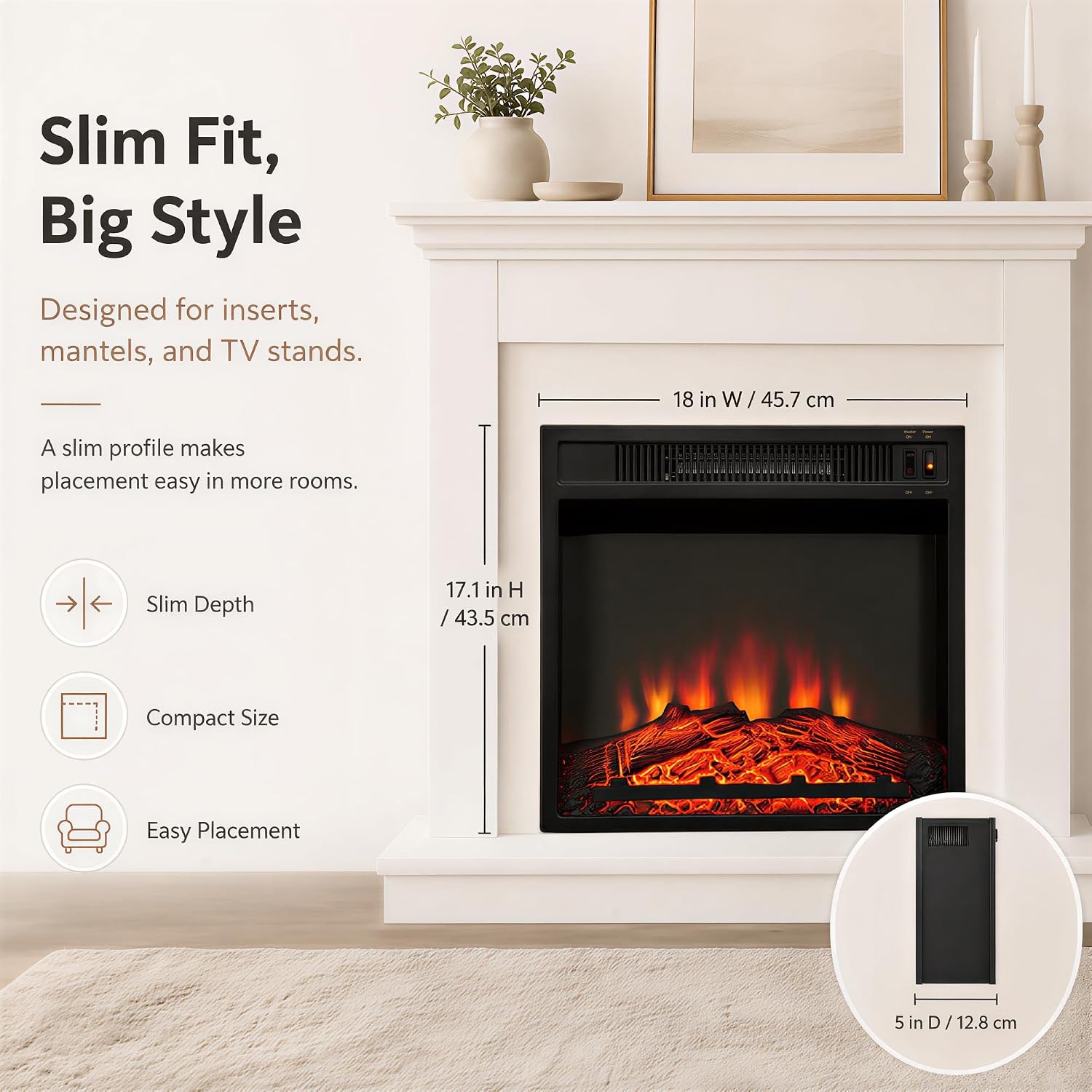 MEGAWISE 18 Inch Electric Fireplace Insert, 1400W Heater, Realistic Flame