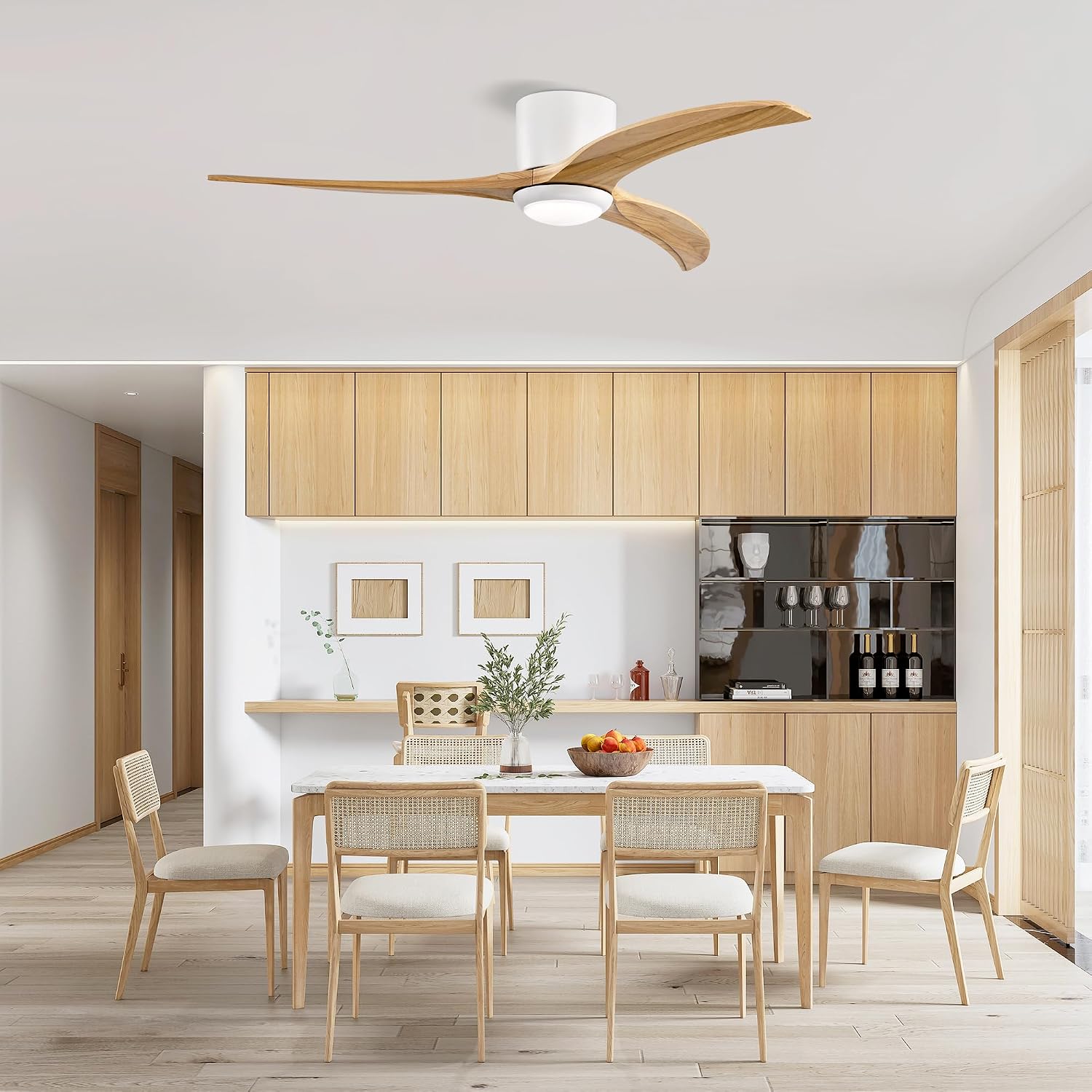 MEGAWISE 52 Inch Solid Wood Ceiling Fan with Lights, Remote Control, 6 Speeds,Noiseless,Reversible DC Motor (White)
