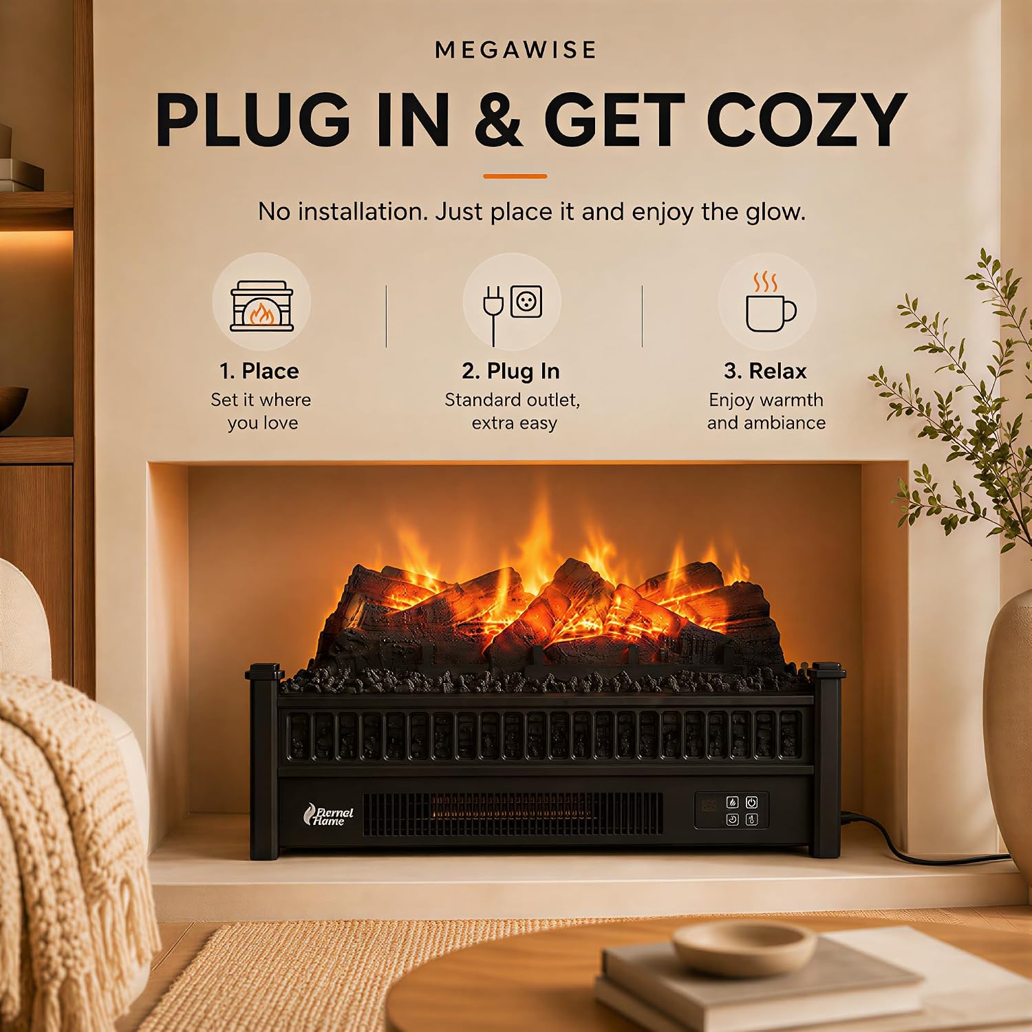 MEGAWISE Electric Fireplace Heater, Freestanding, 1400W with Remote & Timer