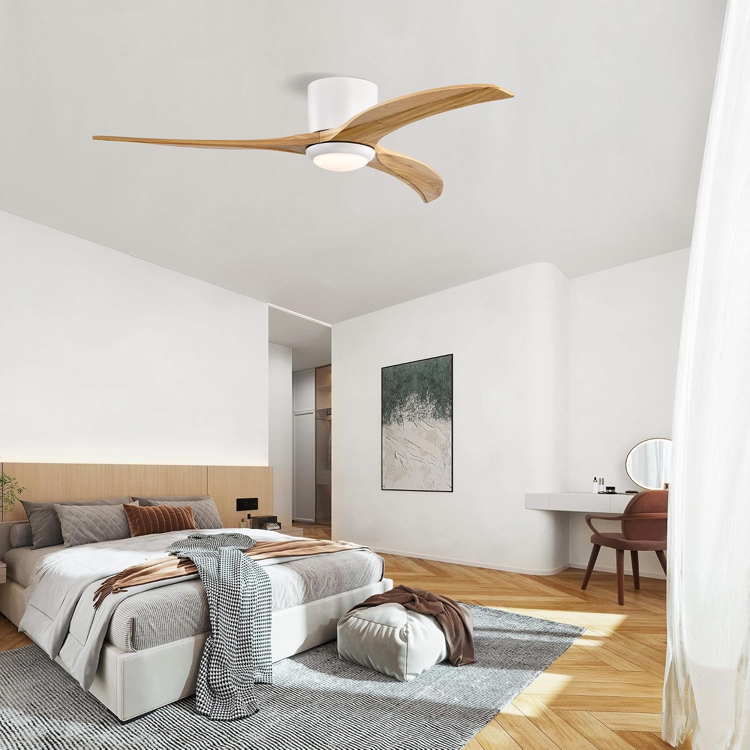 MEGAWISE 52 Inch Solid Wood Ceiling Fan with Lights, Remote Control, 6 Speeds,Noiseless,Reversible DC Motor (White)