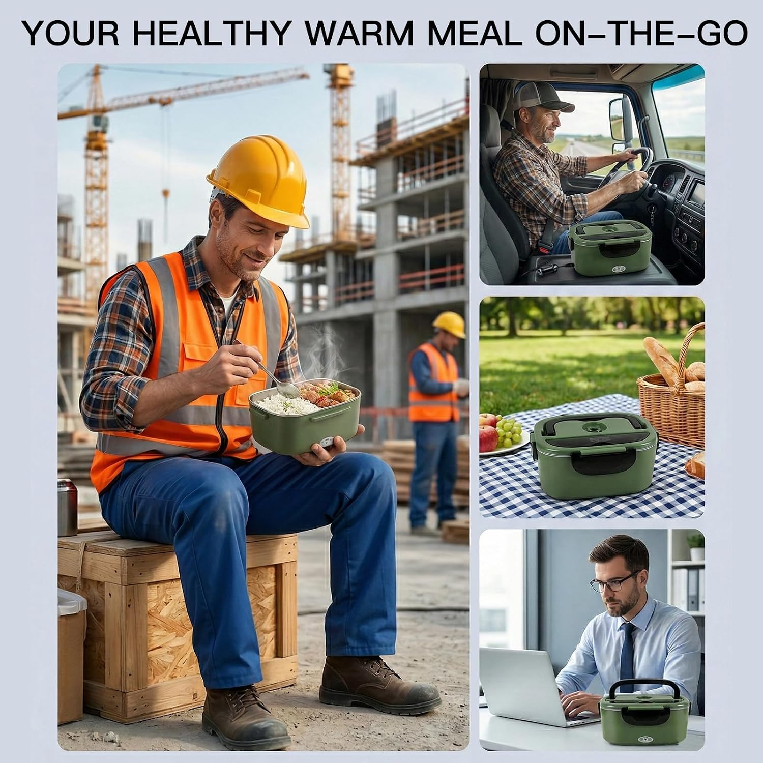 MEGAWISE 1.5L Electric Heated Lunch Box, Stainless Steel 3-in-1 Food Warmer for Adults, Portable Office, Car & Truck Lunch Container, Includes Utensils & Carry Bag (Army Green)