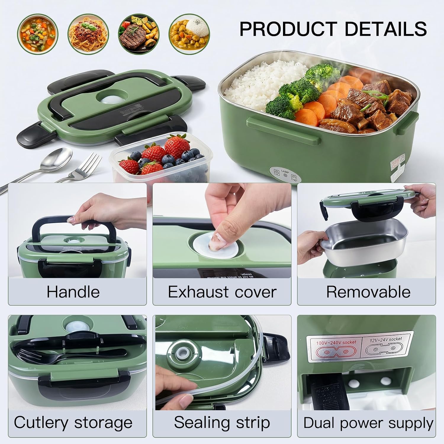 MEGAWISE 1.5L Electric Heated Lunch Box, Stainless Steel 3-in-1 Food Warmer for Adults, Portable Office, Car & Truck Lunch Container, Includes Utensils & Carry Bag (Army Green)
