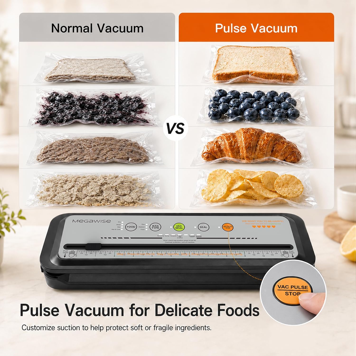 MEGAWISE 2025 Powerful Vacuum Sealer Machine | Compact Design | One-Touch Automatic | Seal in 10-20 Seconds | Dry, Moist, Wet, and Cold Modes | With 10 Vacuum Bags & Built-in Cutter