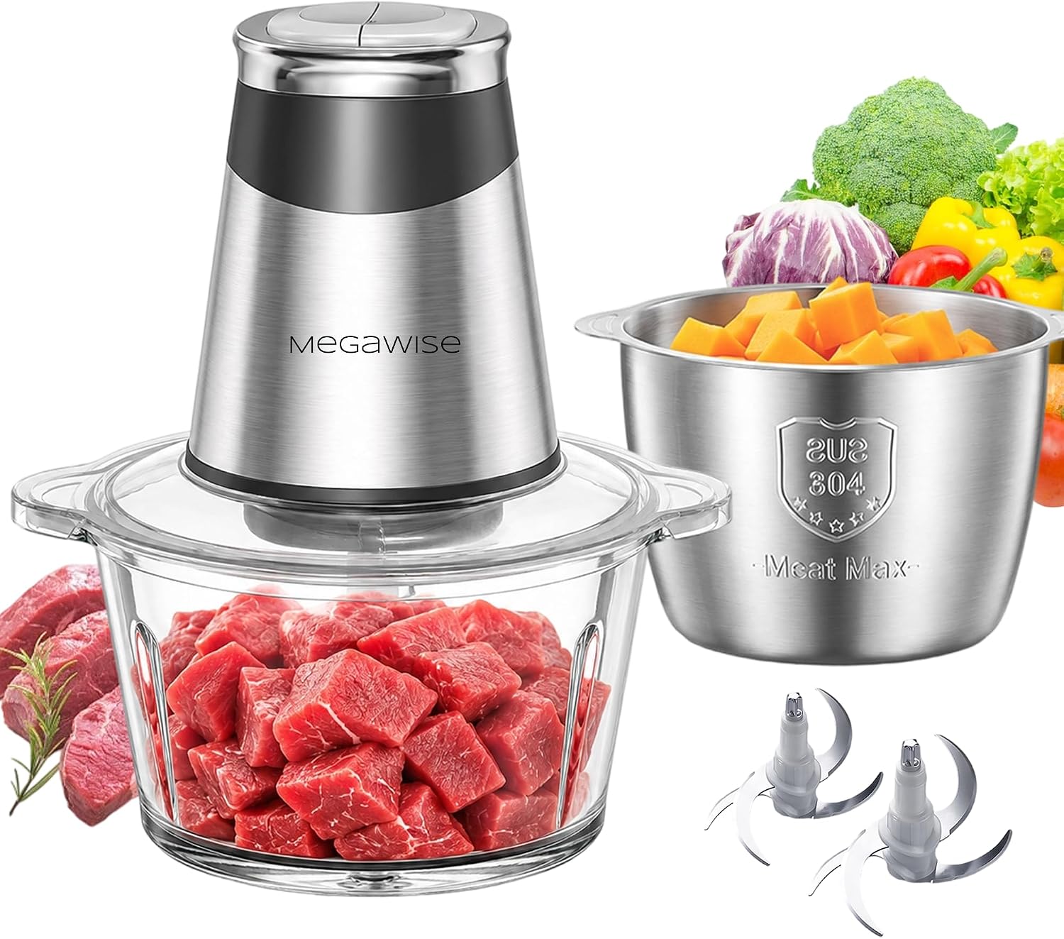 MEGAWISE Food Chopper 300W Electric Meat Grinder with Dual 1.8L Bowls