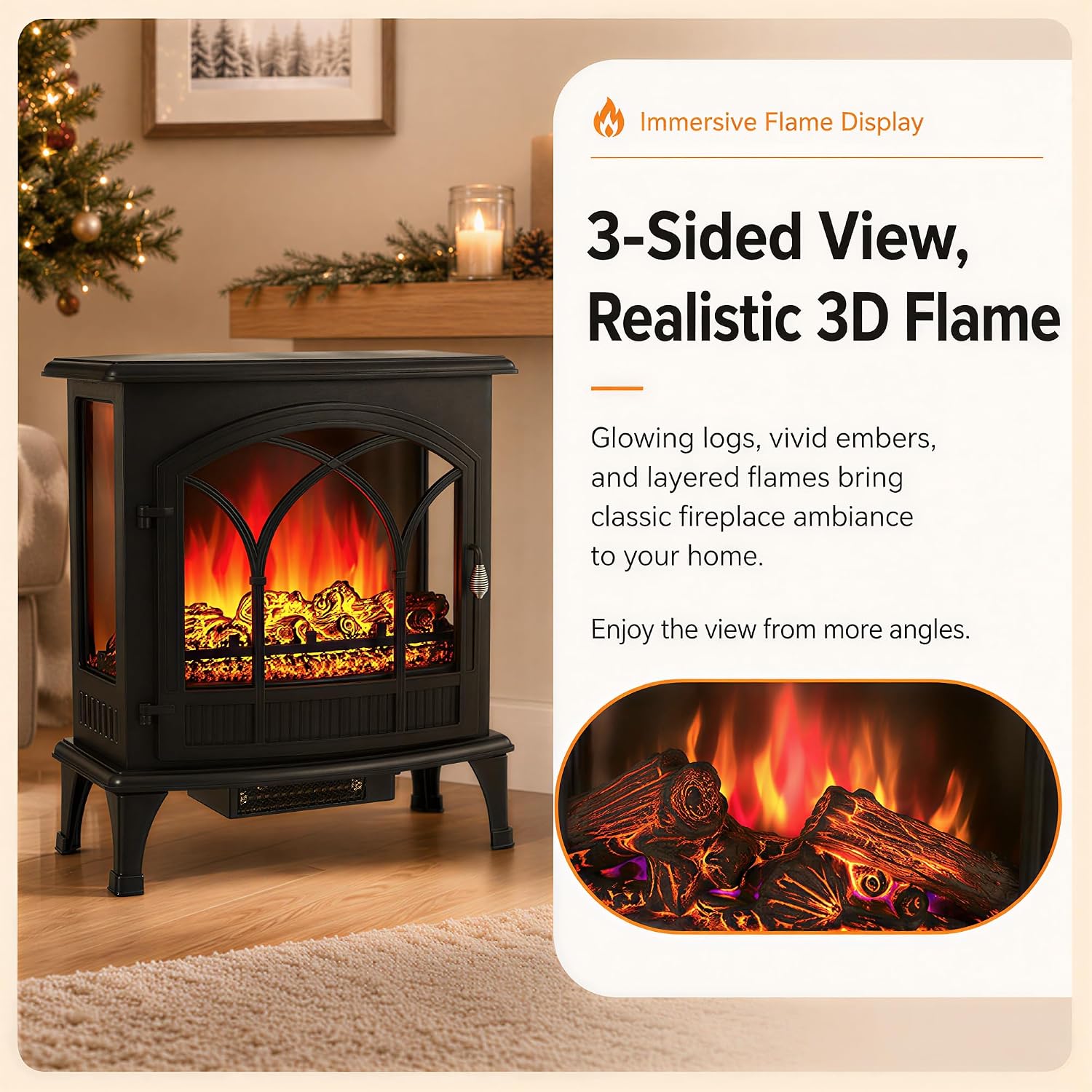 MEGAWISE 1400W 3-Sided Electric Fireplace, 3D Flame with Remote for Home