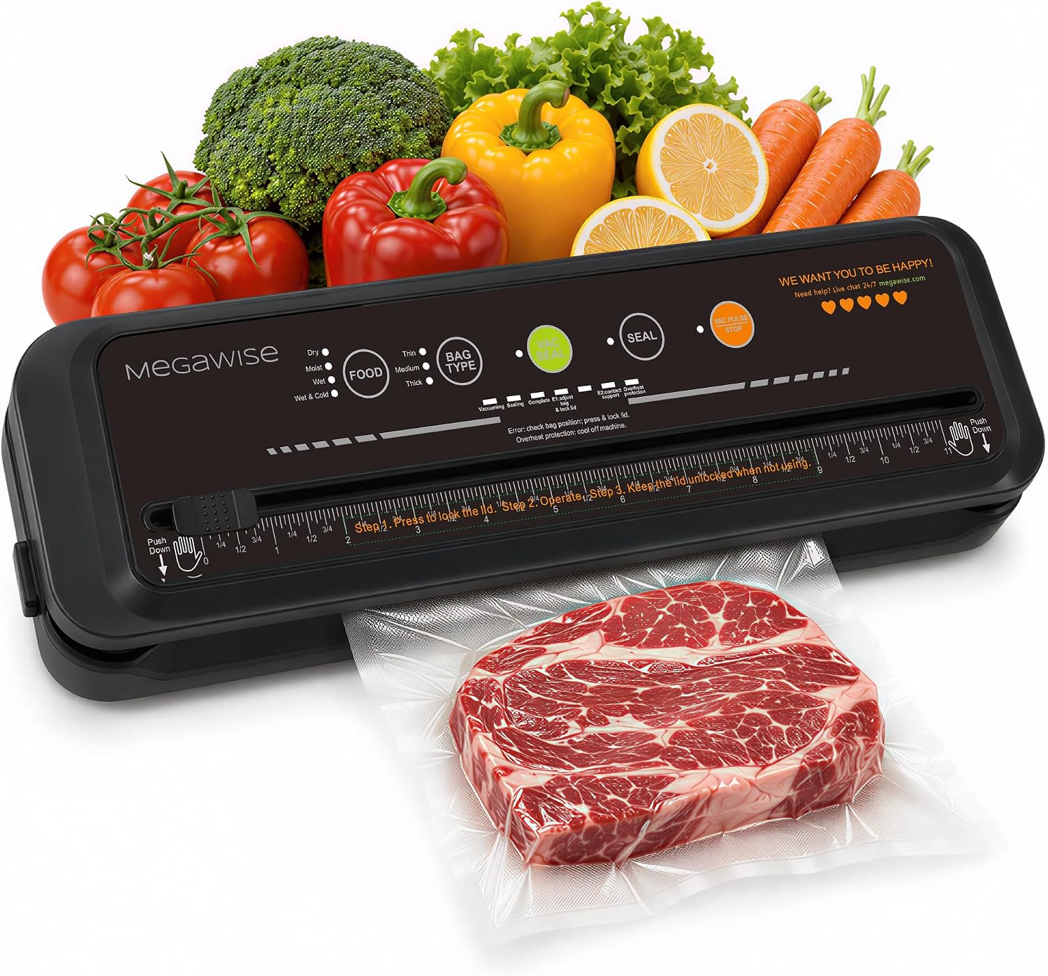 MEGAWISE Model B 2025 Vacuum Sealer | Powerful & Compact | One-Touch Automatic Food Sealer for Cold, Wet, Moist, and Dry Foods | Compatible with Thick, Medium, and Thin Bags | OMNI MACHINE (Black)