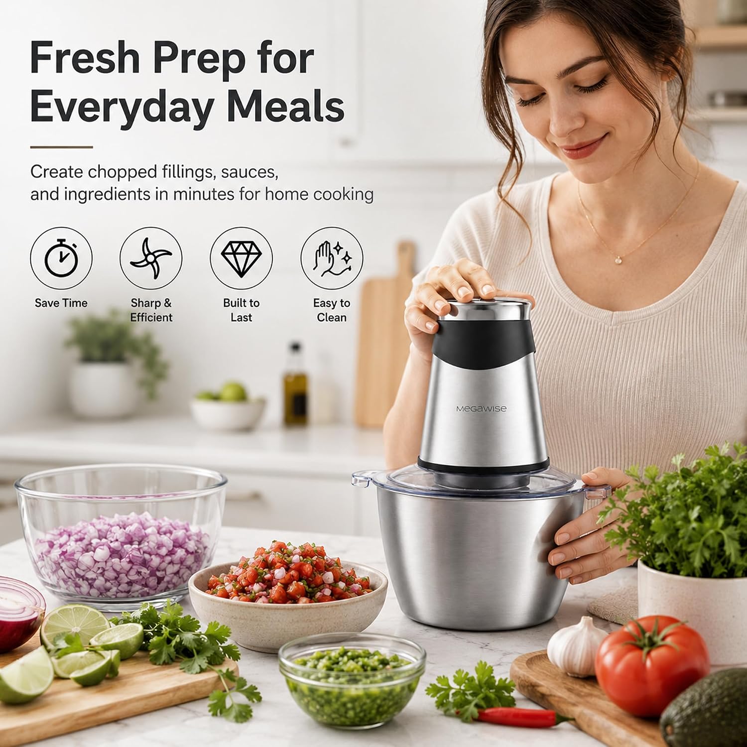 MEGAWISE Food Processor, 800W Electric Meat Grinder with 0.6L Glass Bowl & 1.2L Stainless Steel Bowl, Dual Speed Modes and Bi-Level BladesBlades for Meat, Vegetables, Nuts, Fruits, and Baby Food
