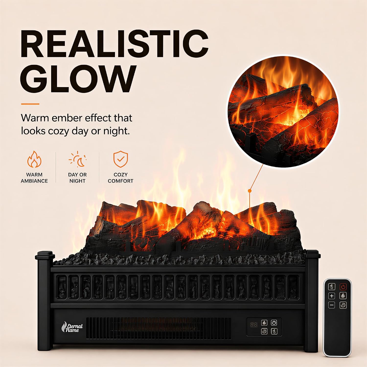 MEGAWISE Electric Fireplace Heater, Freestanding, 1400W with Remote & Timer