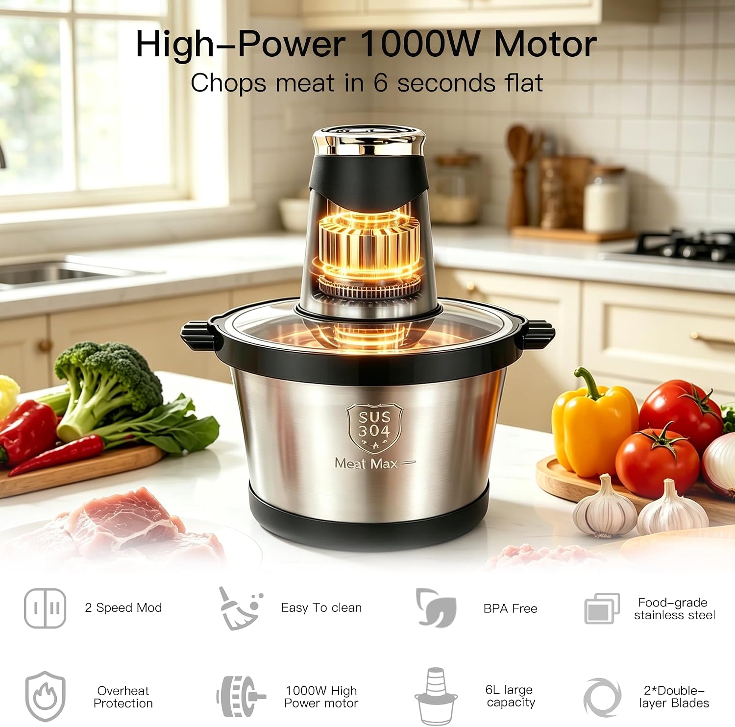 MEGAWISE 500W Electric Food Chopper & Meat Grinder, Stainless Steel Blades, Large Capacity Mincer for Meat, Vegetables & Nuts (5L Stainless Steel Bowls)