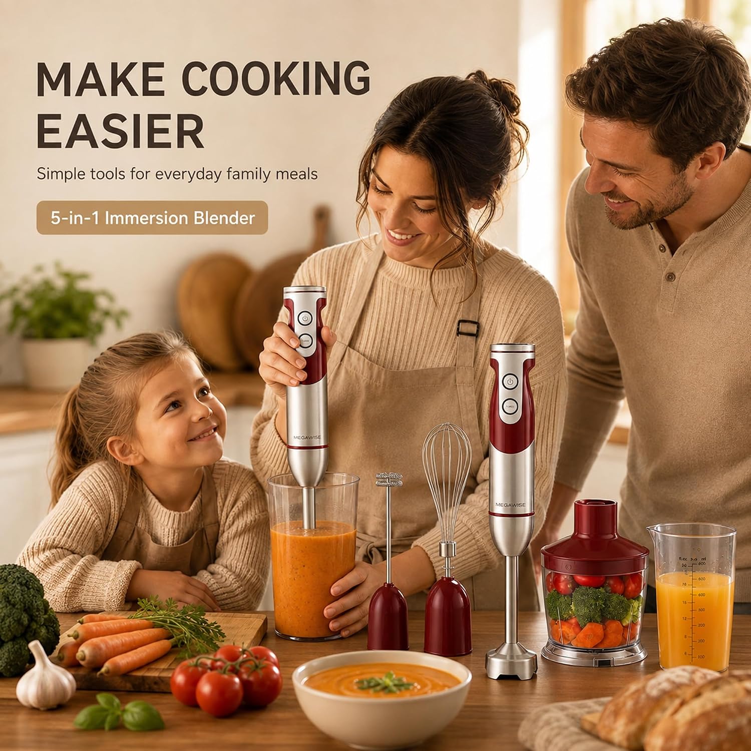 MEGAWISE Immersion Blender, 1000W Hand Blender with Whisk & Chopper(Red)