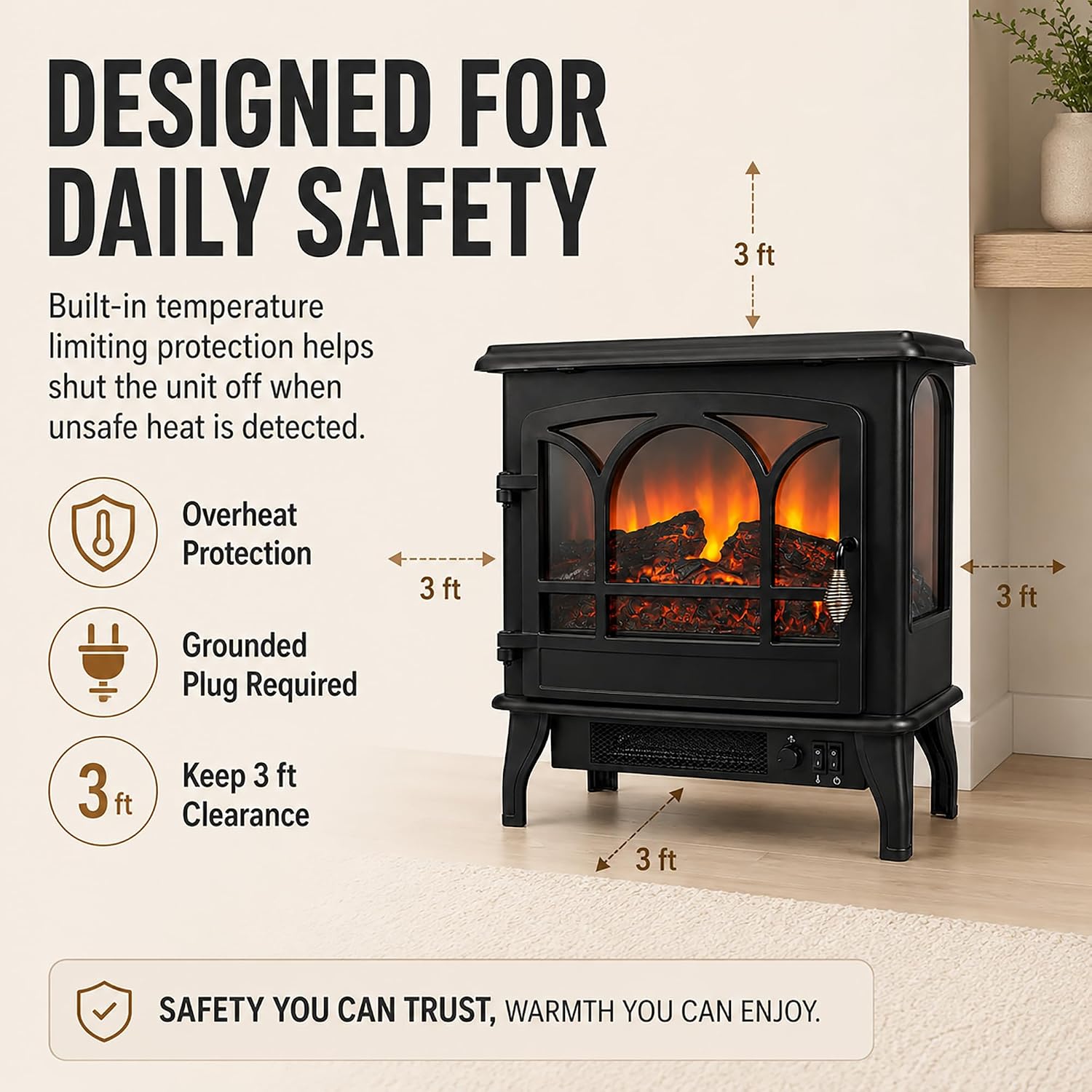 MEGAWISE 1400W Electric Fireplace Stove, 3-Sided View, LED Flame