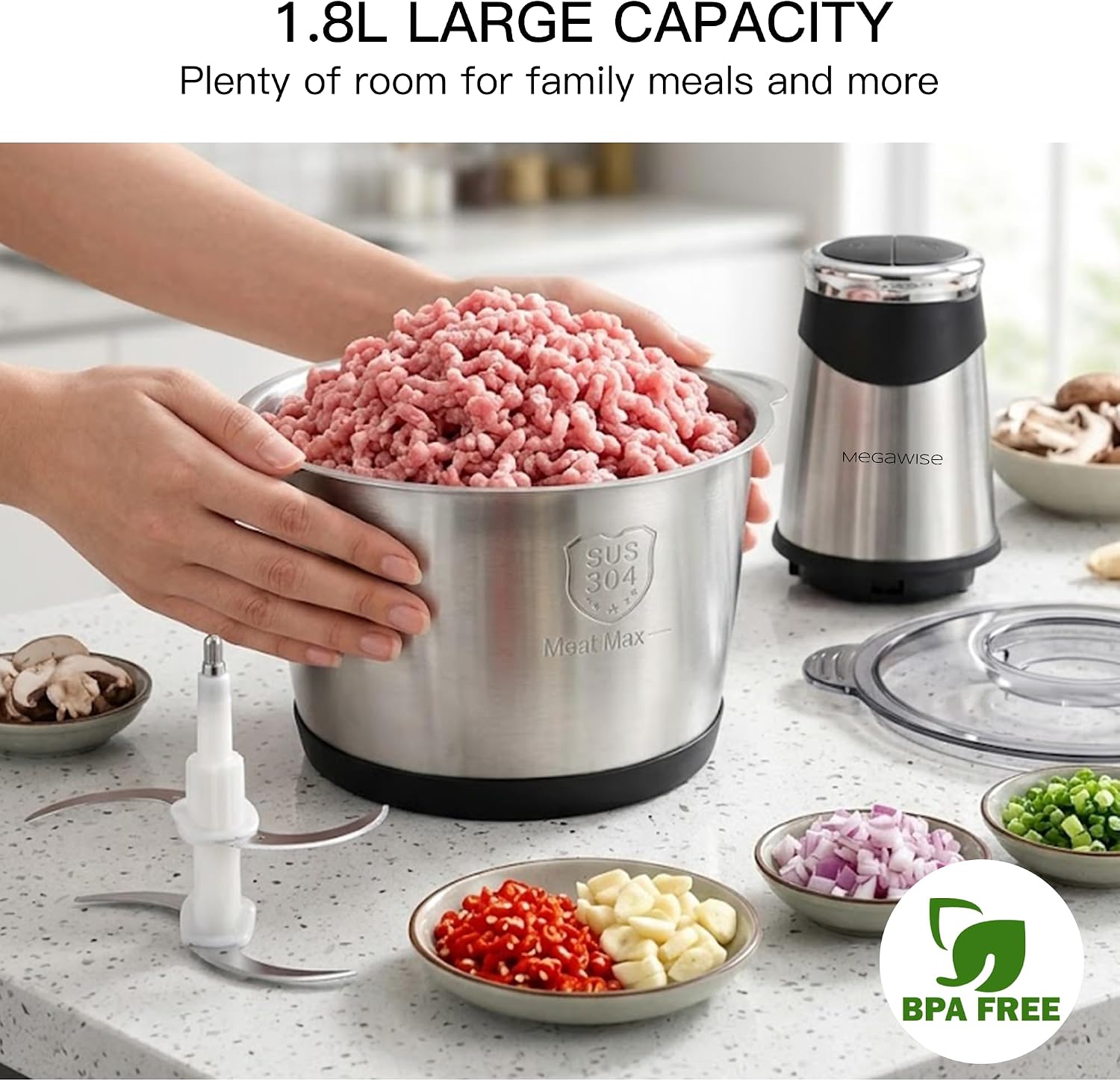MEGAWISE Food Chopper 300W Electric Meat Grinder with Dual 1.8L Bowls
