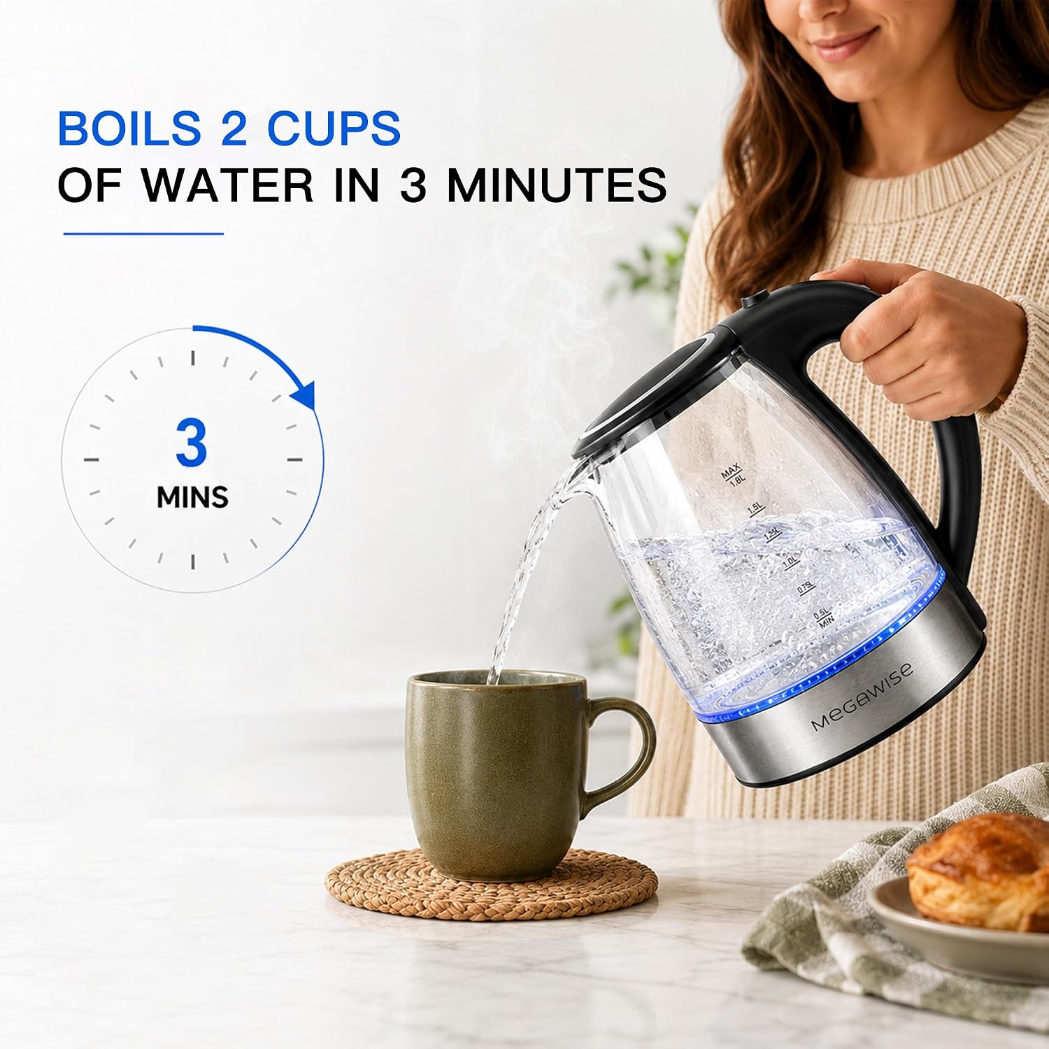 MEGAWISE 1.8L Glass Electric Kettle, Auto Shut-Off, Boil-Dry Protection