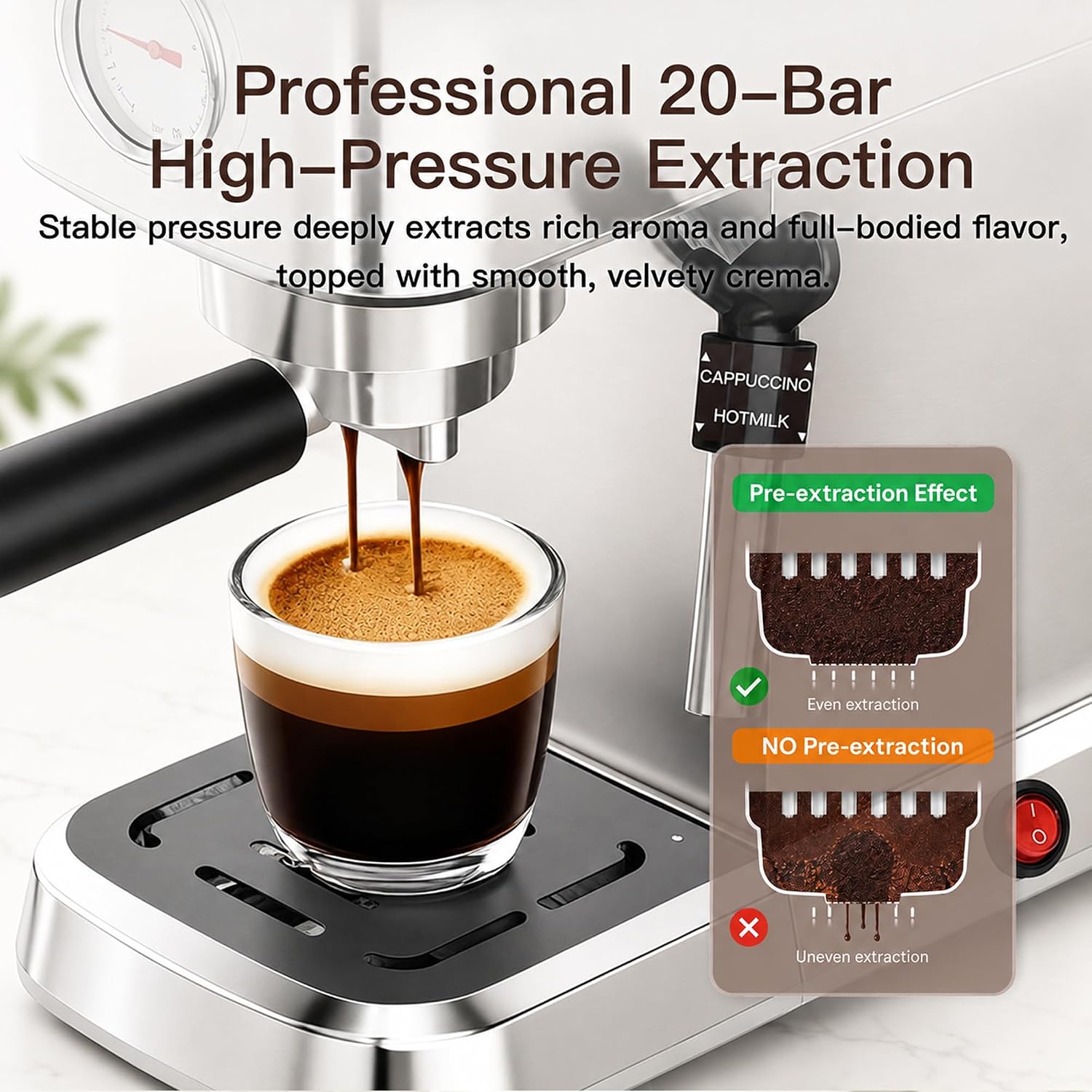 MEGAWISE Espresso Coffee Machine 20 Bar | Stainless Steel Compact Espresso Maker with Steam Milk Frother, Removable Tank | Home Cappuccino Latte Machine – Silver