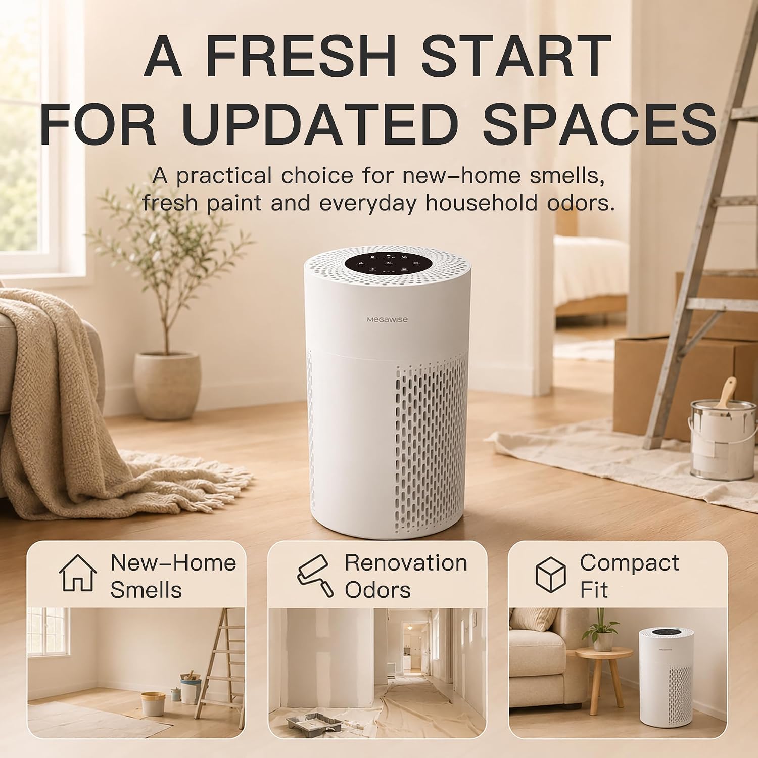 MEGAWISE Air Purifier for Bedroom, True HEPA 3-Stage Filter, Compact