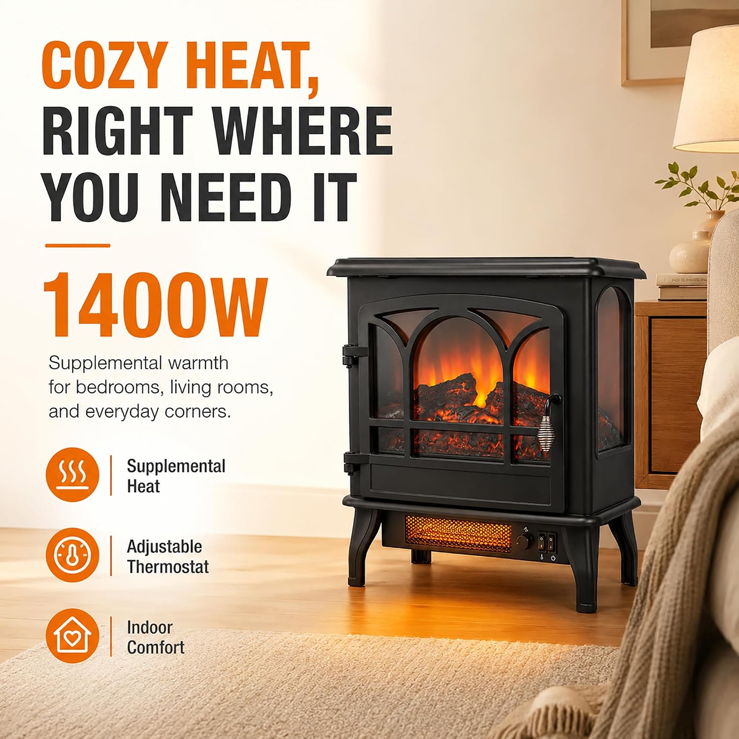 MEGAWISE 1400W Electric Fireplace Stove, 3-Sided View, LED Flame