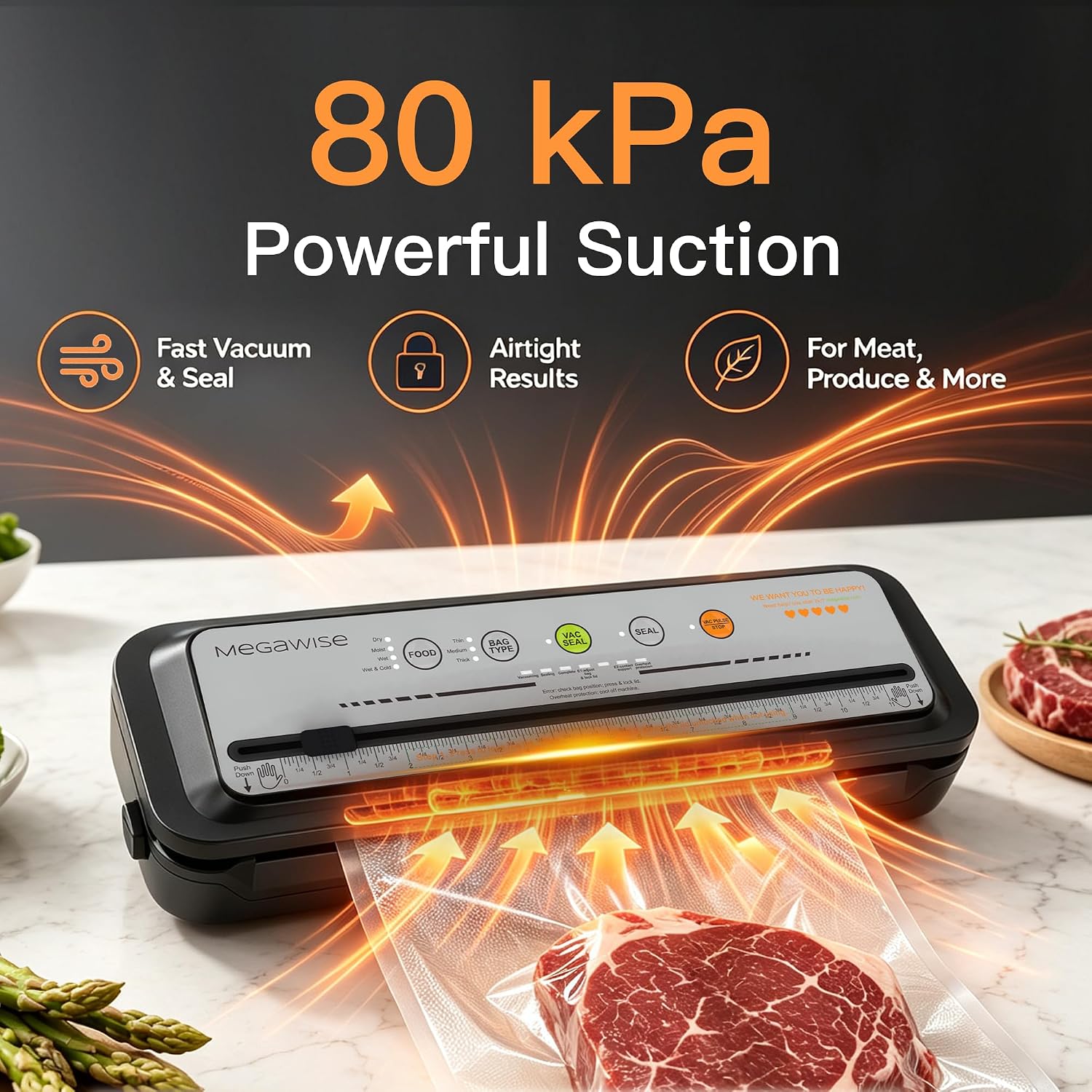 MEGAWISE 2025 Powerful Vacuum Sealer Machine | Compact Design | One-Touch Automatic | Seal in 10-20 Seconds | Dry, Moist, Wet, and Cold Modes | With 10 Vacuum Bags & Built-in Cutter