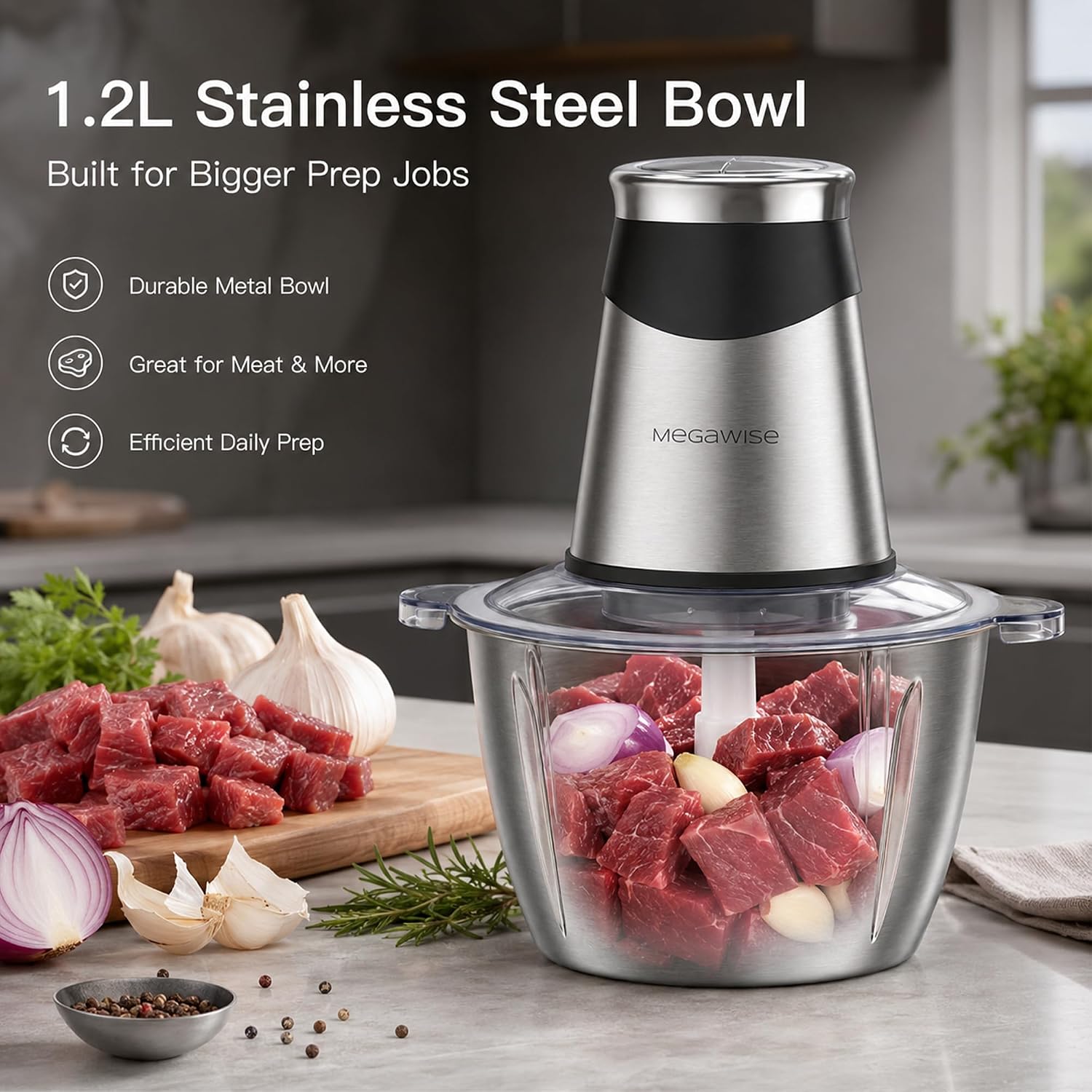 MEGAWISE Food Processor, 800W Electric Meat Grinder with 0.6L Glass Bowl & 1.2L Stainless Steel Bowl, Dual Speed Modes and Bi-Level BladesBlades for Meat, Vegetables, Nuts, Fruits, and Baby Food