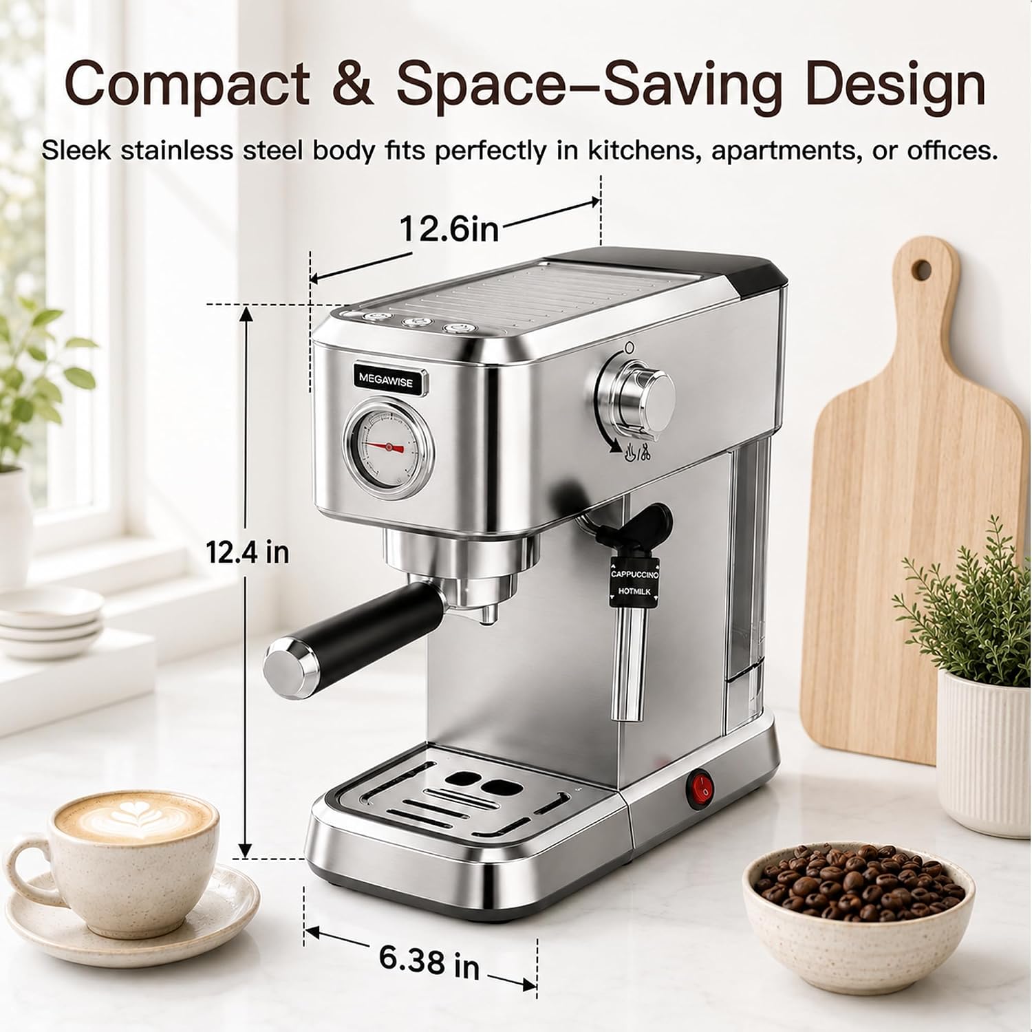 MEGAWISE 20 Bar Espresso Machine with Milk Frother | Compact Stainless Steel Coffee Maker with Steam Wand & Removable Water Tank | Cappuccino & Latte Maker for Home (Silver)