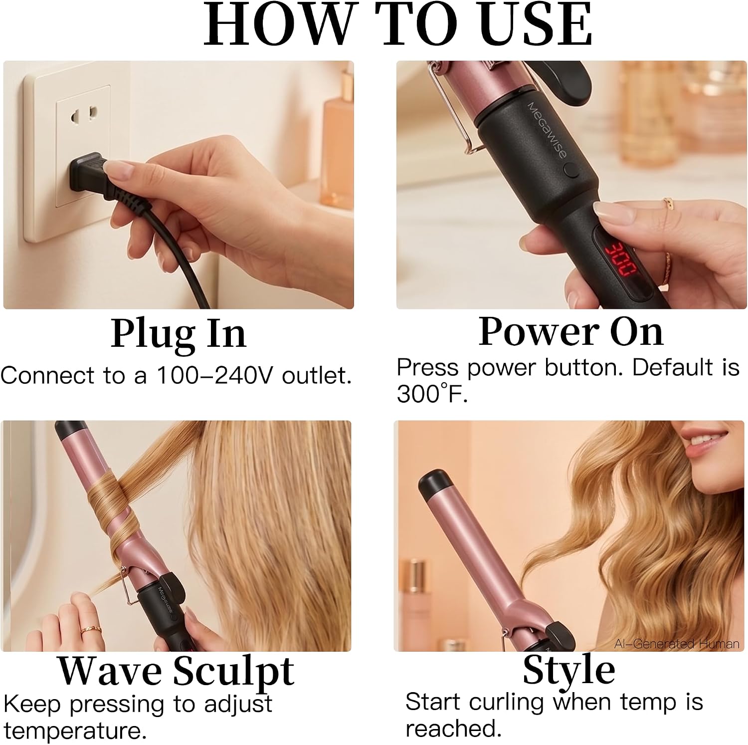 MEGAWISE Pro 1.25 Inch Ceramic Barrel Hair Curling Iron with 60s PTC Fast Heating, Anti-Scald Grip & Tip, Auto Shut Off, 360° Swivel Cord, 2 Clips & Heat-Resistant Glove Included
