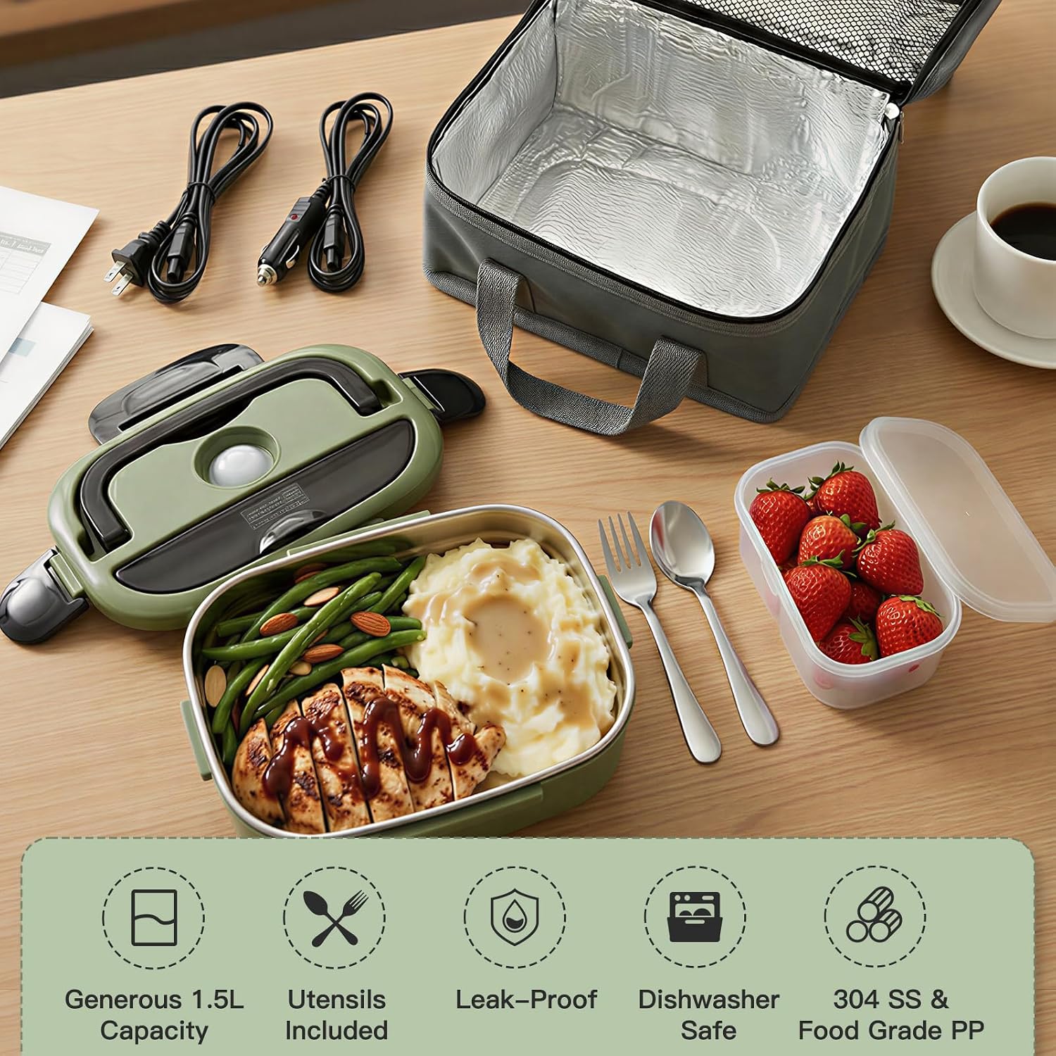 MEGAWISE 1.5L Electric Heated Lunch Box, Stainless Steel 3-in-1 Food Warmer for Adults, Portable Office, Car & Truck Lunch Container, Includes Utensils & Carry Bag (Army Green)