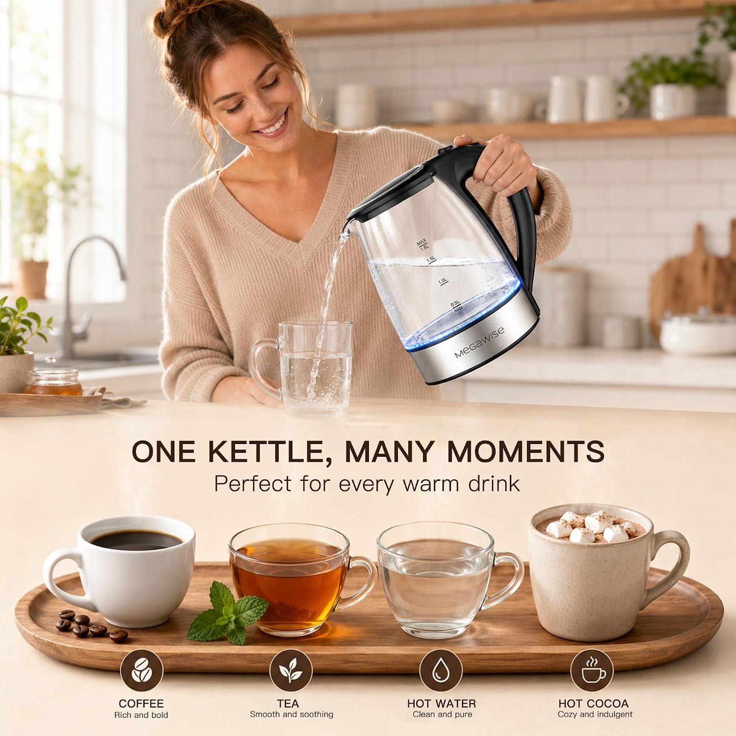 MEGAWISE 1.8L Glass Electric Kettle, Auto Shut-Off, Boil-Dry Protection