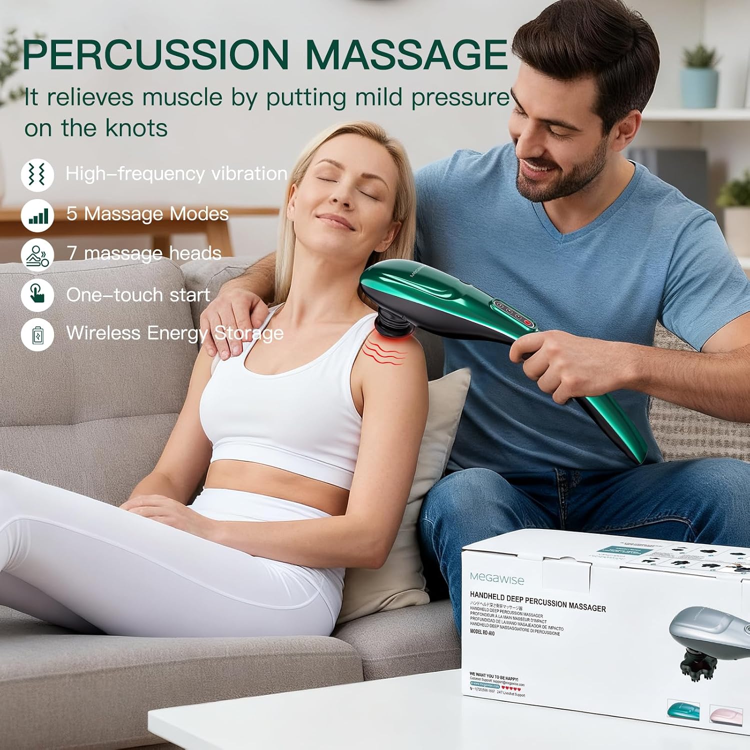 MEGAWISE Cordless Handheld Back Massager, 5 Speeds, Rechargeable