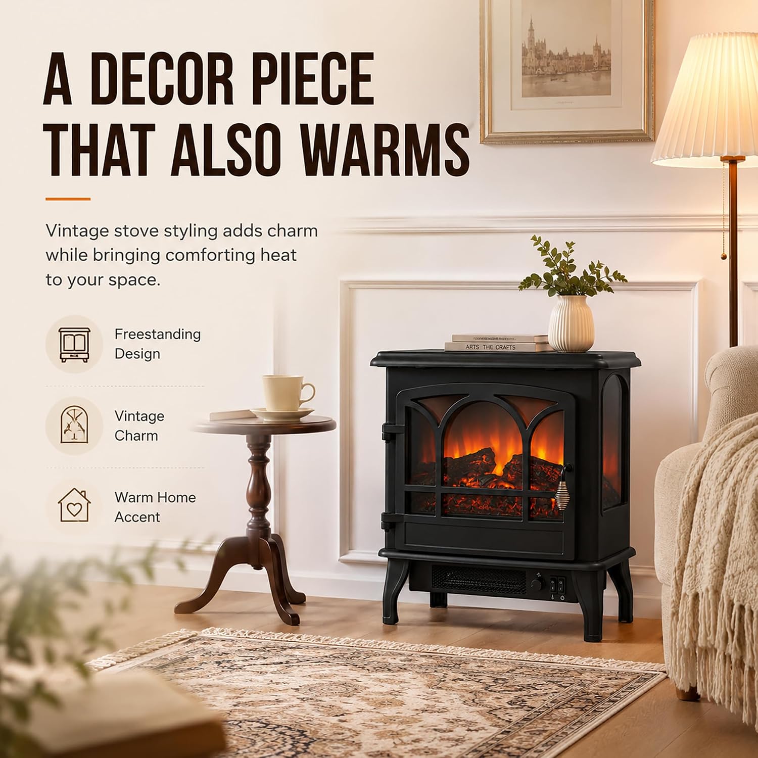 MEGAWISE 1400W Electric Fireplace Stove, 3-Sided View, LED Flame