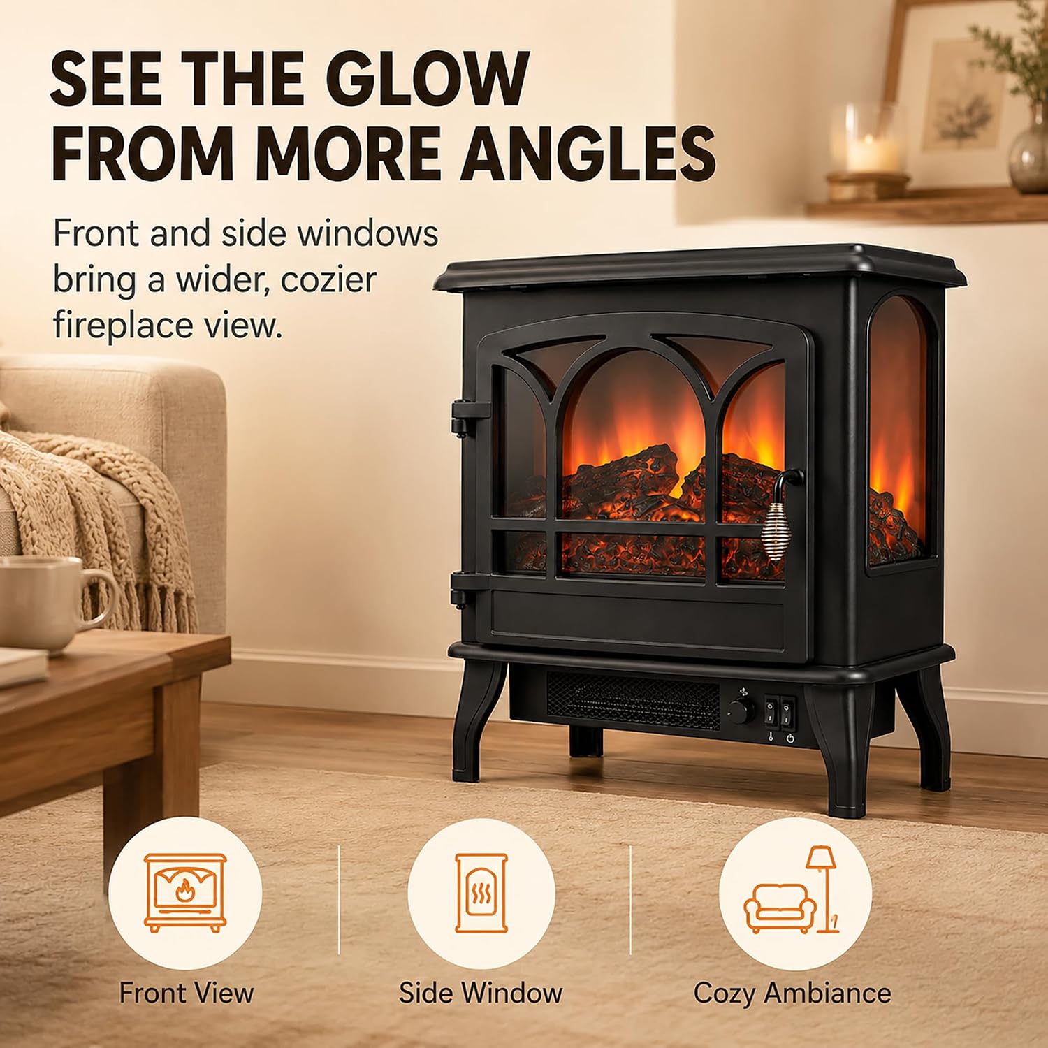 MEGAWISE 1400W Electric Fireplace Stove, 3-Sided View, LED Flame