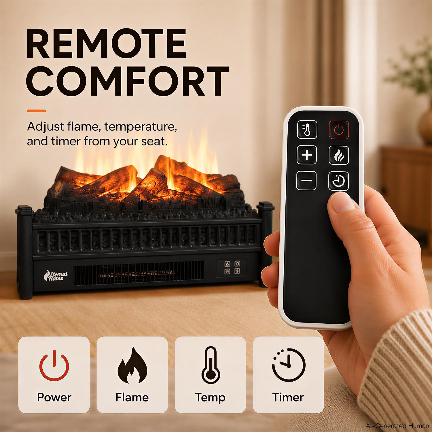 MEGAWISE Electric Fireplace Heater, Freestanding, 1400W with Remote & Timer