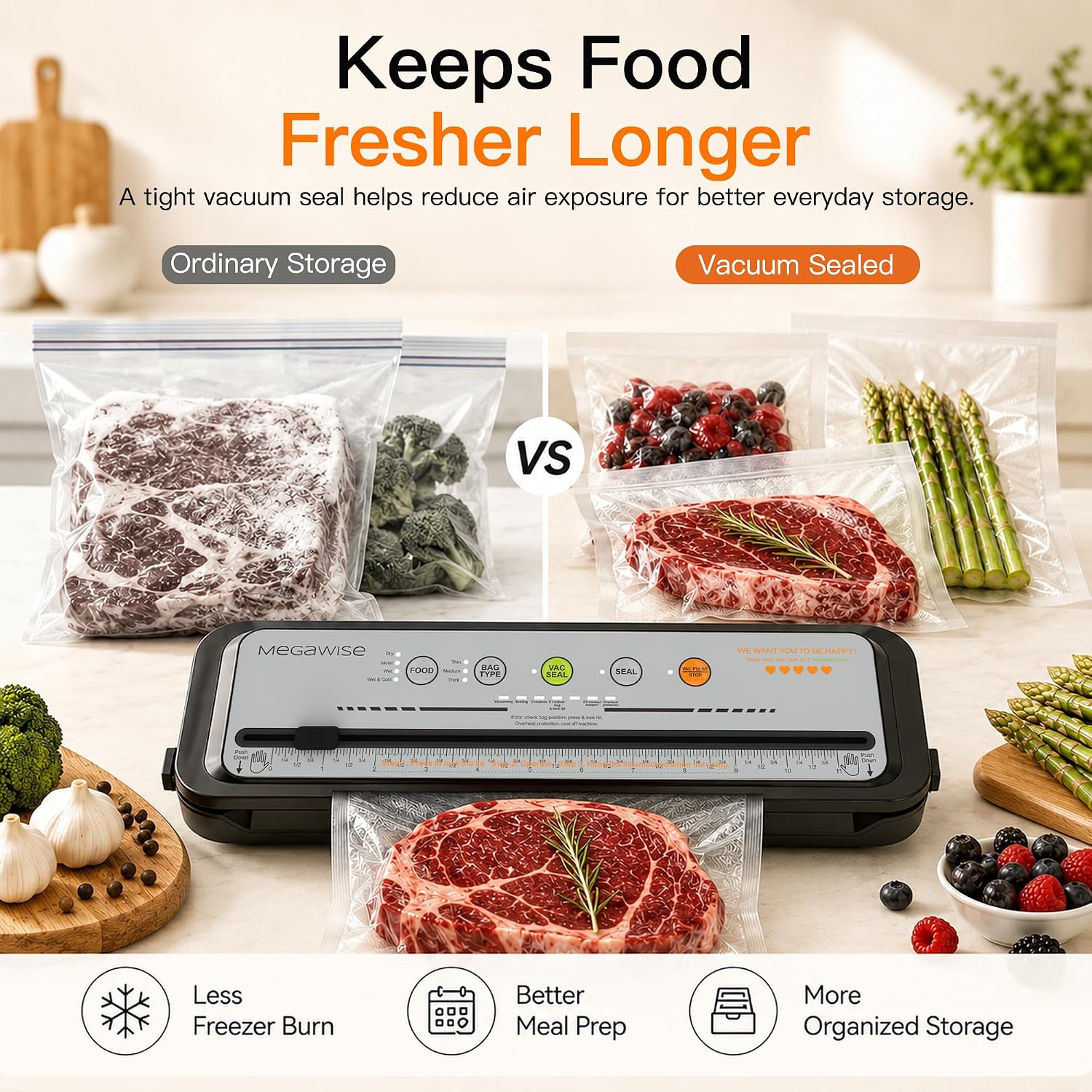 MEGAWISE 2025 Powerful Vacuum Sealer Machine | Compact Design | One-Touch Automatic | Seal in 10-20 Seconds | Dry, Moist, Wet, and Cold Modes | With 10 Vacuum Bags & Built-in Cutter
