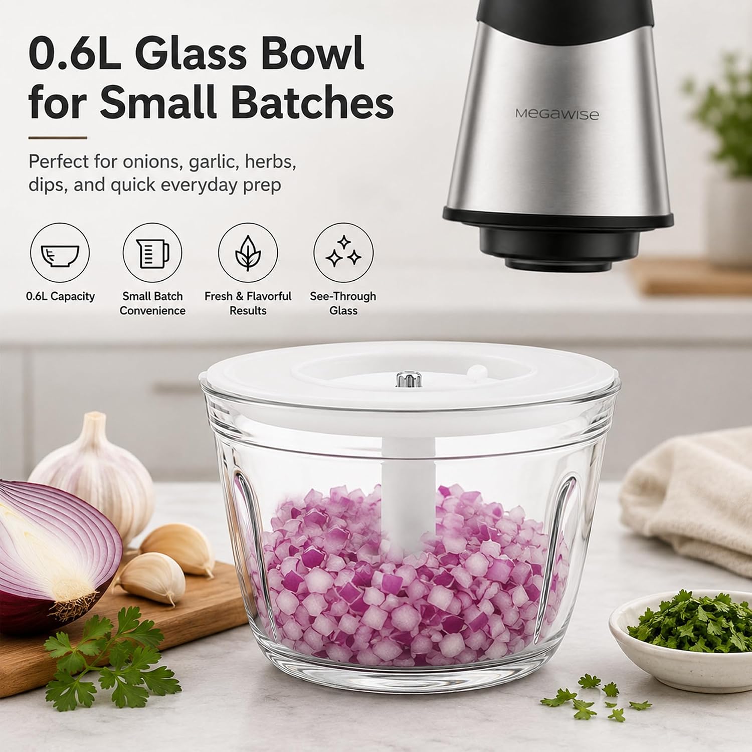 MEGAWISE 500W Electric Food Chopper & Meat Grinder, Stainless Steel Blades, Large Capacity Meat Chopper for Meat, Vegetables & Nuts (1.2L Stainless Steel & 0.6L Glass Bowl)