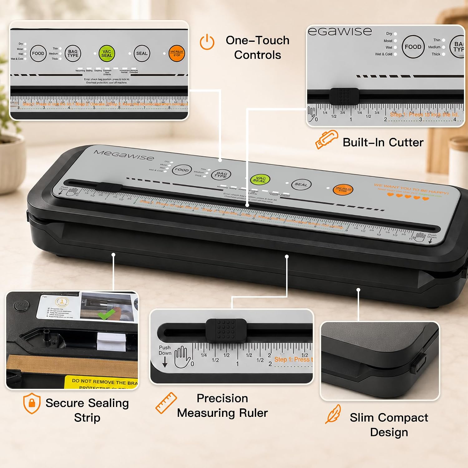 MEGAWISE 2025 Powerful Vacuum Sealer Machine | Compact Design | One-Touch Automatic | Seal in 10-20 Seconds | Dry, Moist, Wet, and Cold Modes | With 10 Vacuum Bags & Built-in Cutter