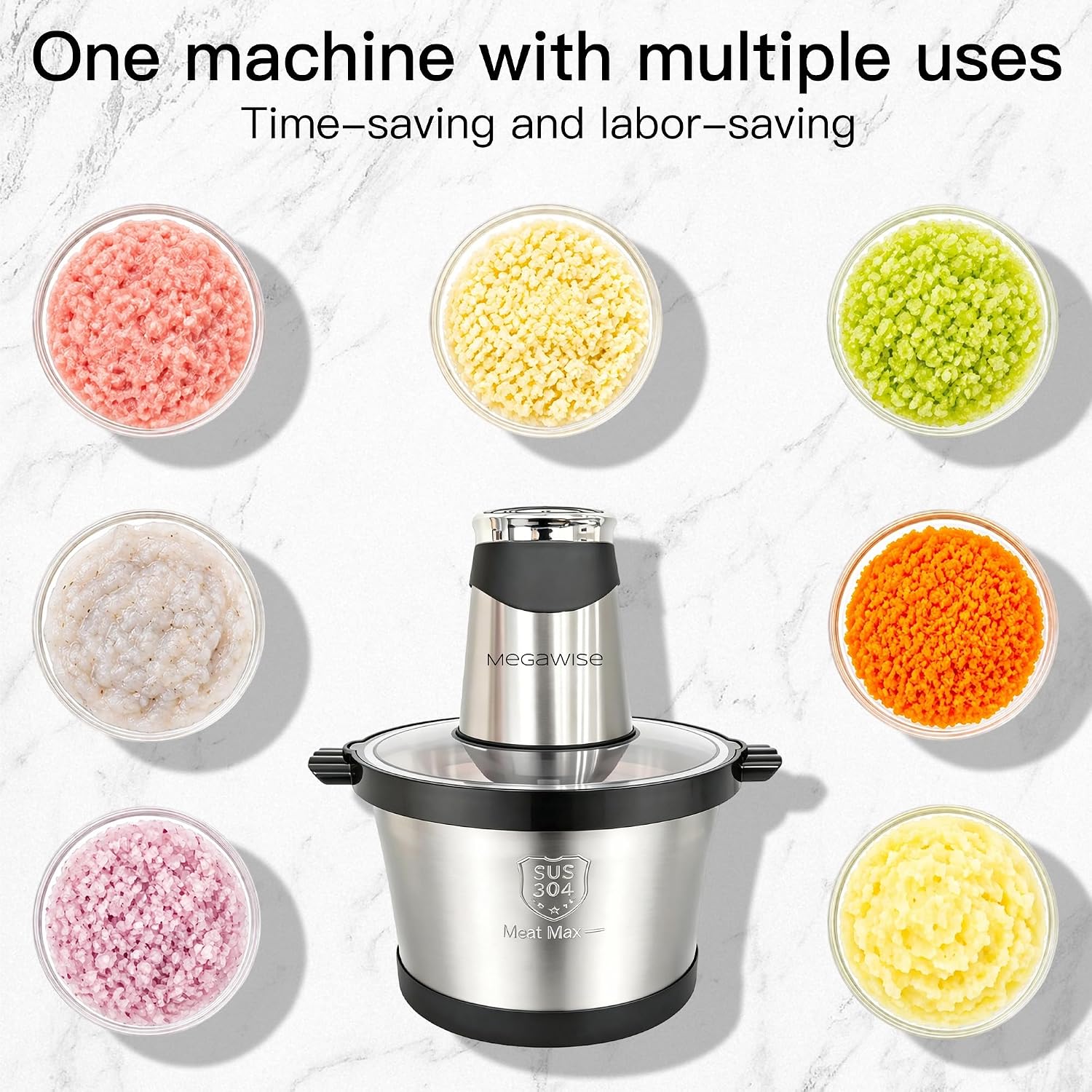 MEGAWISE 500W Electric Food Chopper & Meat Grinder, Stainless Steel Blades, Large Capacity Mincer for Meat, Vegetables & Nuts (5L Stainless Steel Bowls)