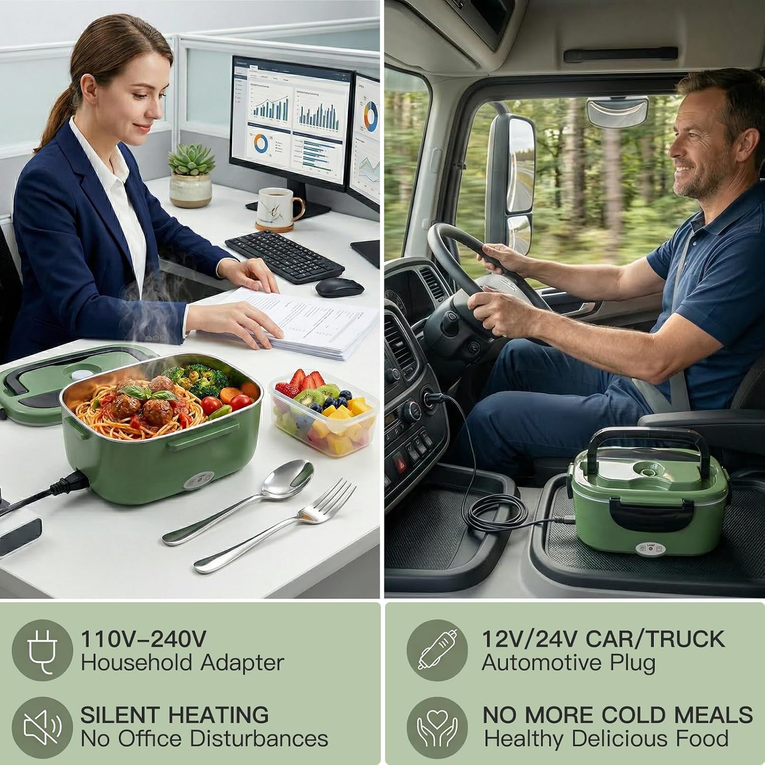 MEGAWISE 1.5L Electric Heated Lunch Box, Stainless Steel 3-in-1 Food Warmer for Adults, Portable Office, Car & Truck Lunch Container, Includes Utensils & Carry Bag (Army Green)