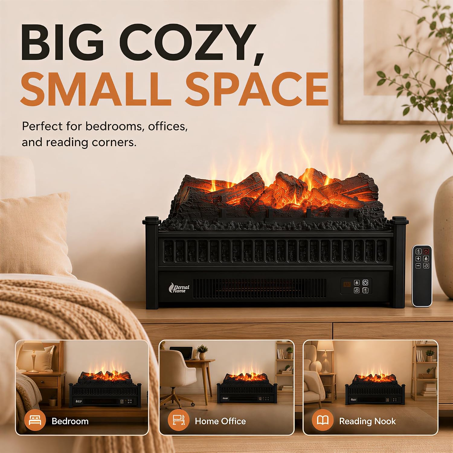 MEGAWISE Electric Fireplace Heater, Freestanding, 1400W with Remote & Timer