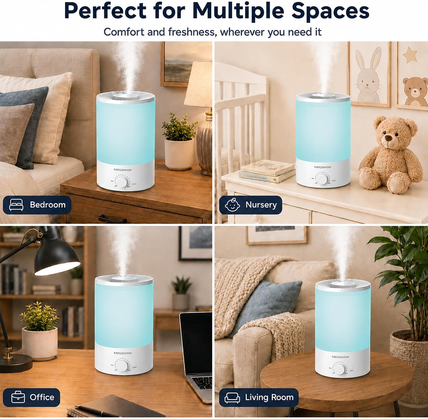 MEGAWISE 3.5L Ultrasonic Cool Mist Humidifier, Top Fill, 40-Hour Runtime