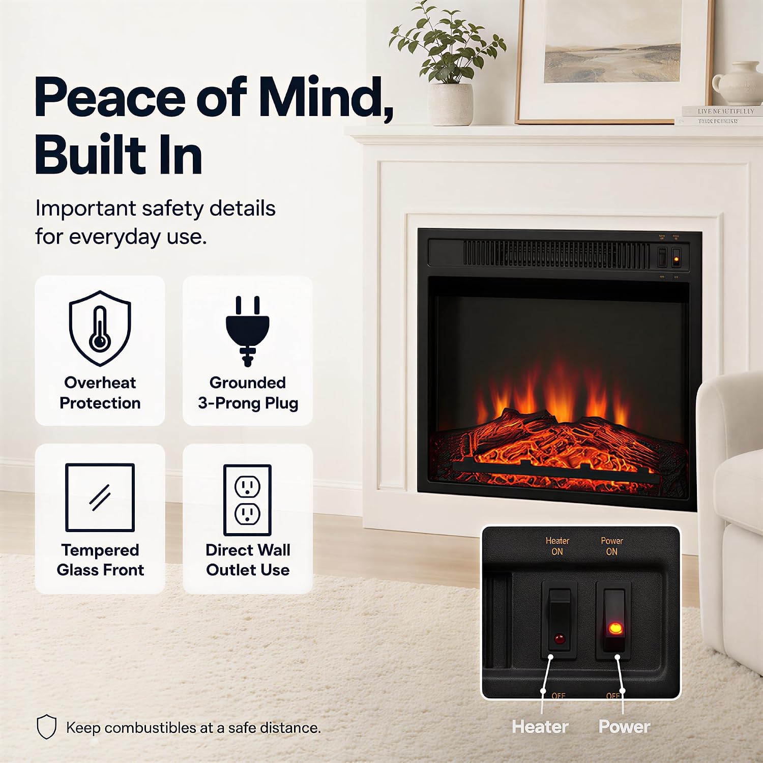 MEGAWISE 18 Inch Electric Fireplace Insert, 1400W Heater, Realistic Flame