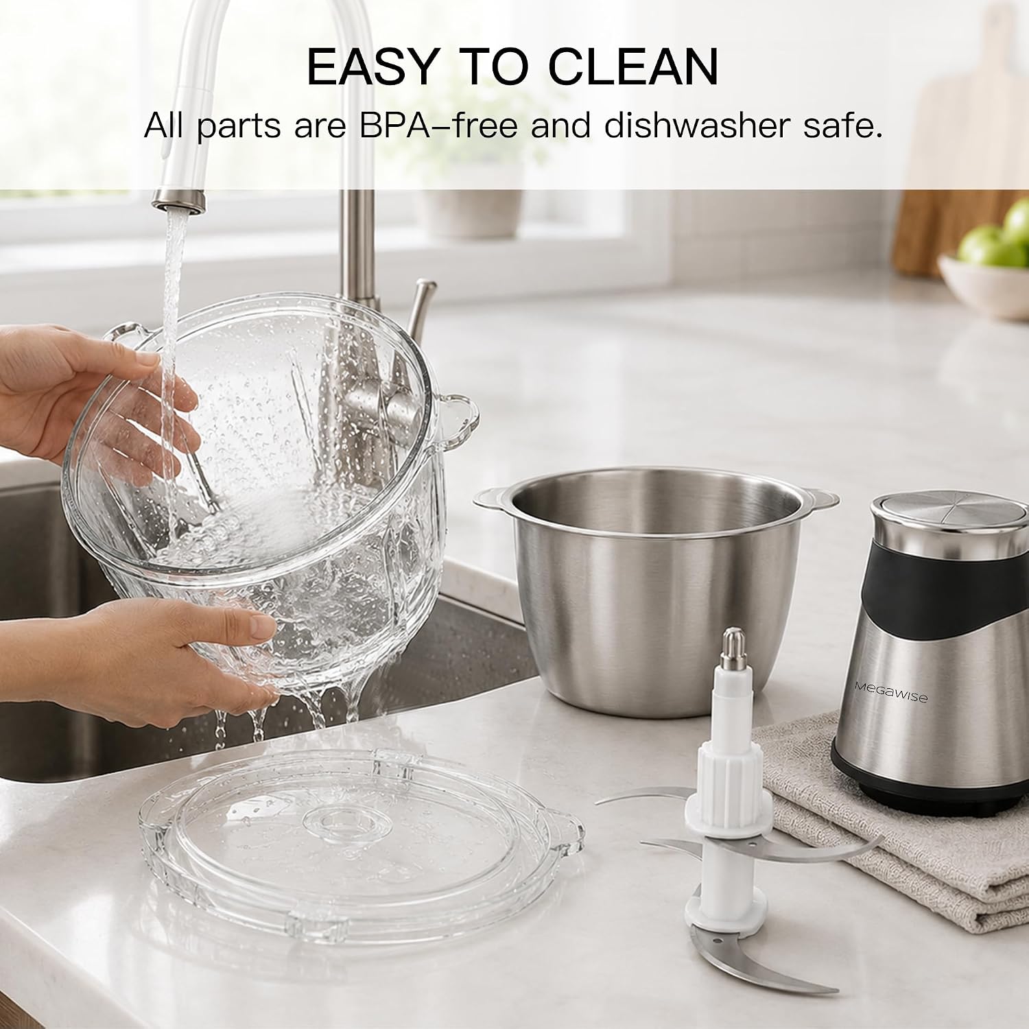 MEGAWISE Electric Food Chopper, 2 Bowls 4‑Layer Blade for Kitchen Vegetable