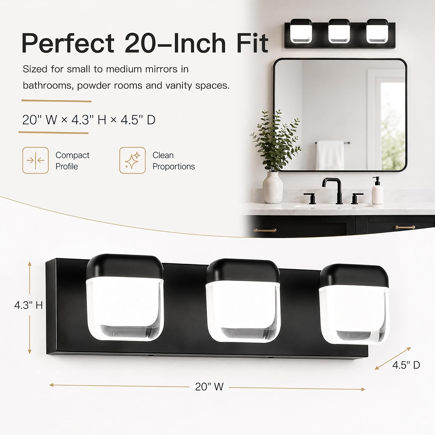 MEGAWISE 3-Light LED Vanity Light, 20 Inch Bathroom Mirror Light, Black