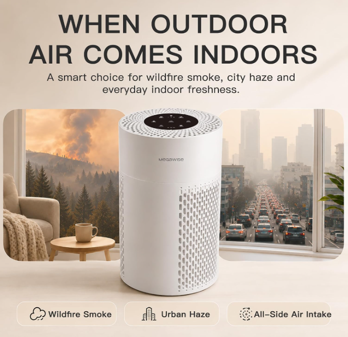 MegaWise Air Purifier EPI-235A (2024) - HEPA Filter, 3-Stage Filtration, Ultra-Quiet Operation, Adjustable Fan Speed, and Night Light